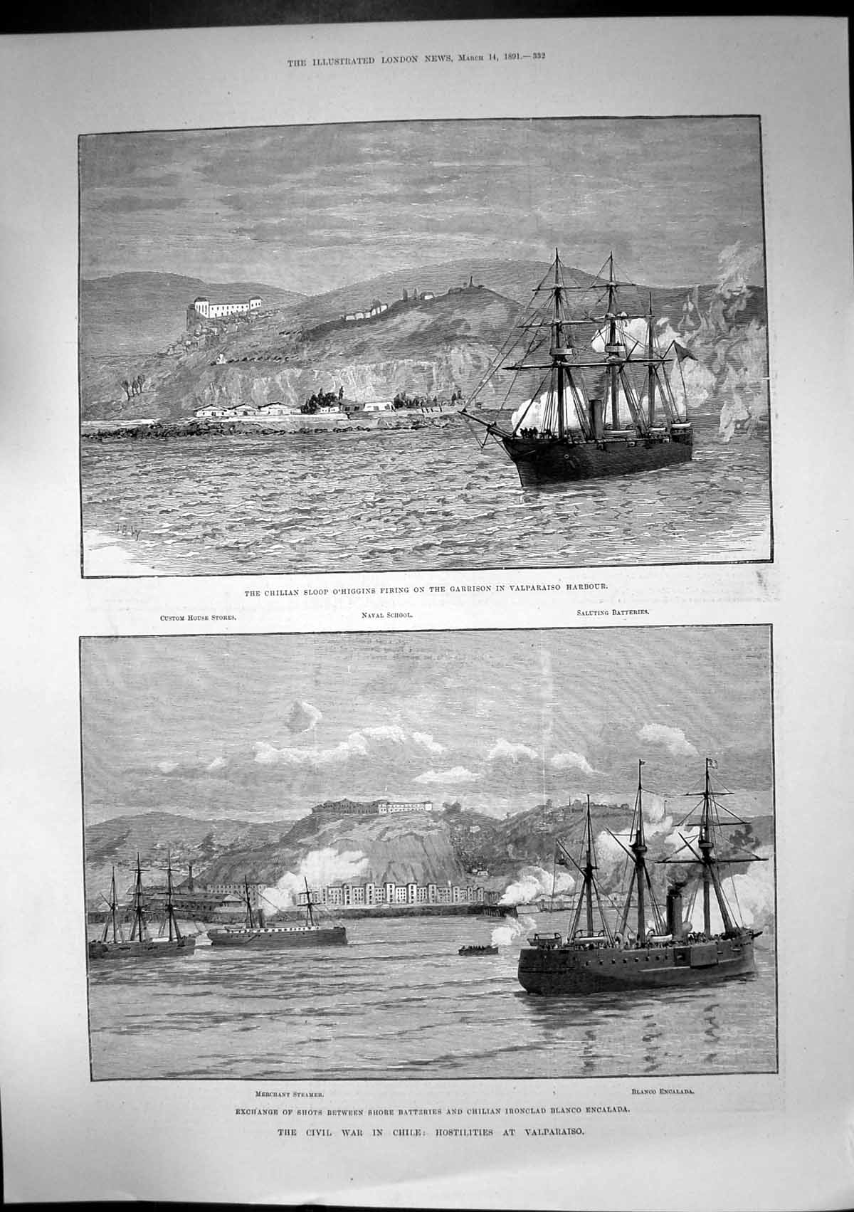 Antique Old Print Chillian Ironclad Shore Batteries Valparaiso Harbour 1891