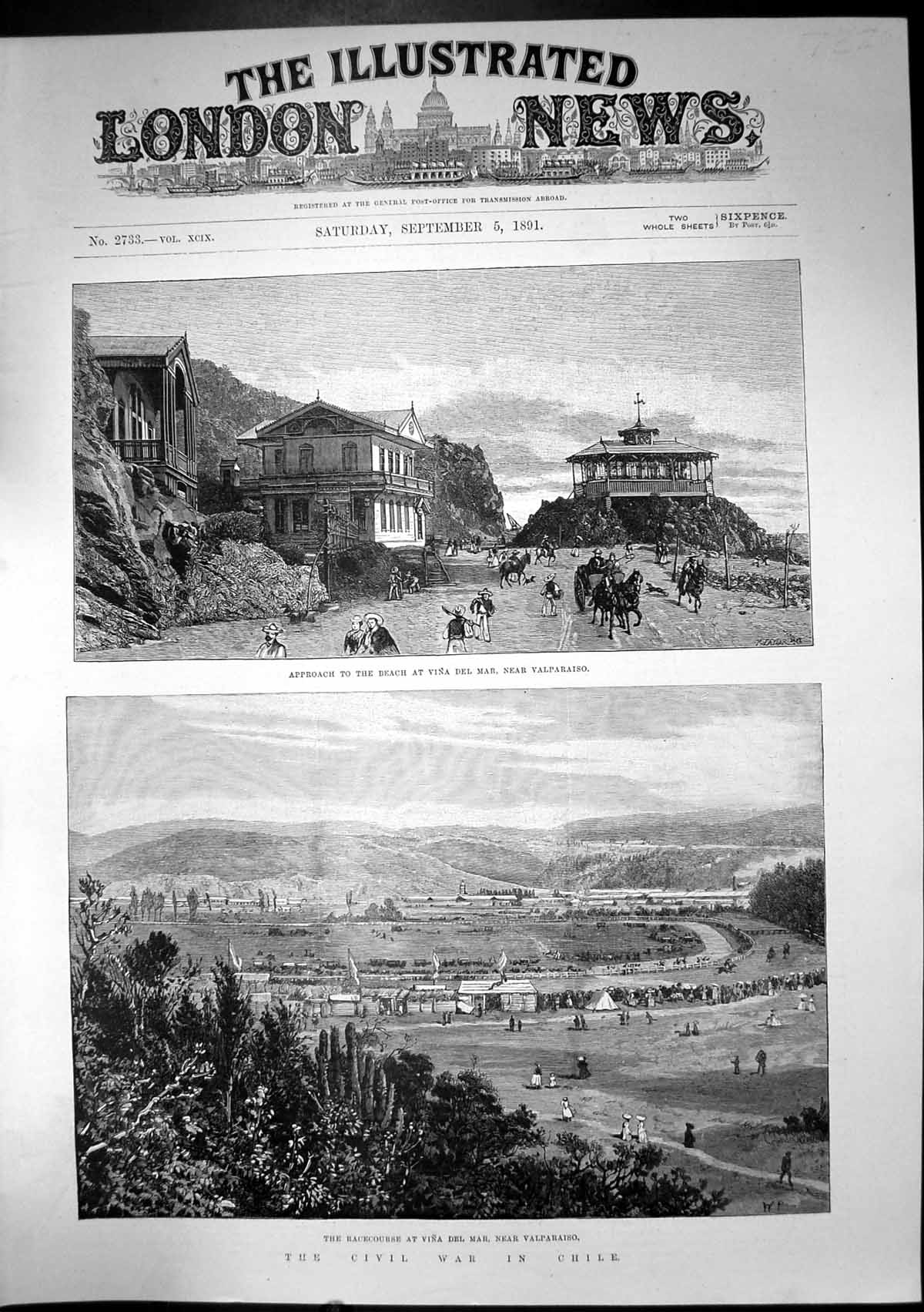 Antique Old Print Beach Vina Del Mar Valparaiso Racecourse Vina Del Mar 1891