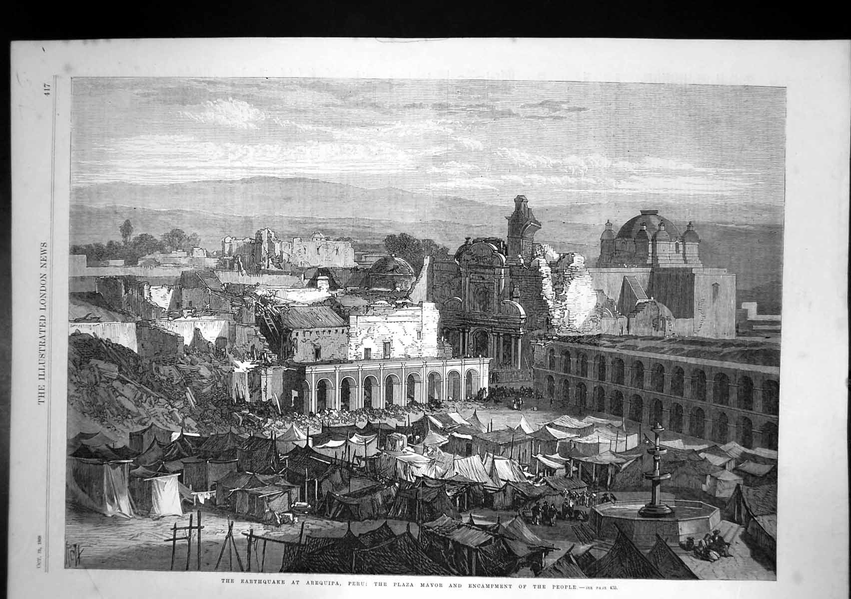 Original Old Antique Print Earthquake Arequipa Peru Plaza Mayor Encampment 1868
