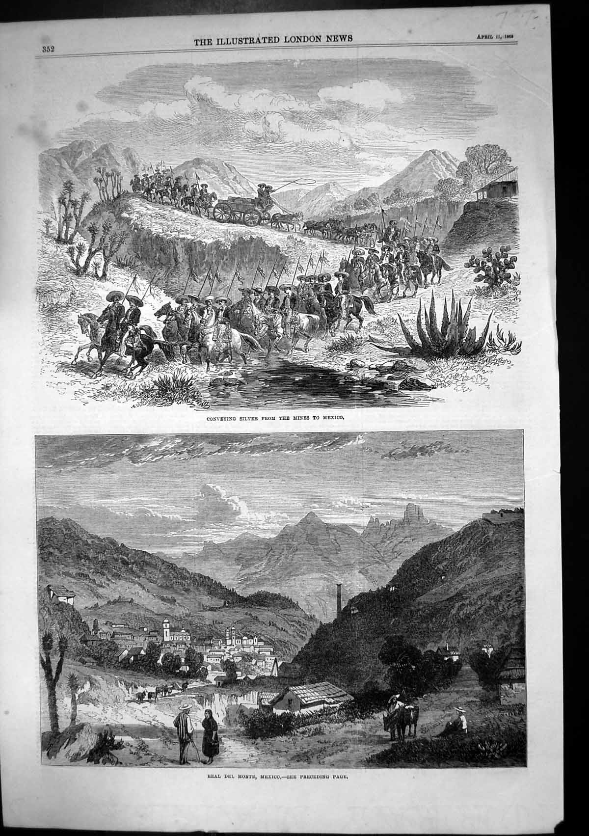 Original Old Antique Print Real Del Monte Conveying Silver Mines To Mexico 1868