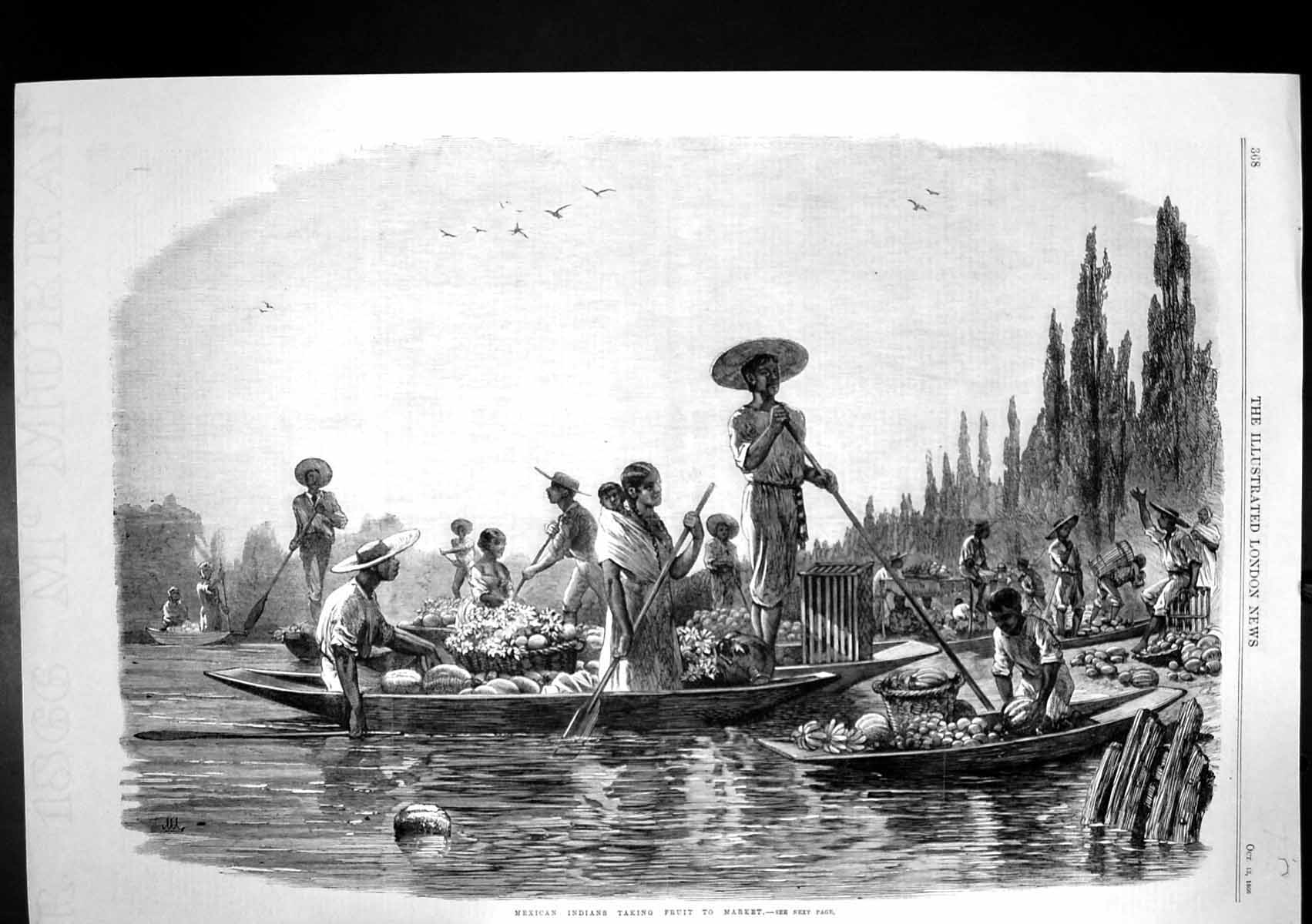 Original Old Antique Print Mexican Indians Taking Fruit Market Boat 1866 19th