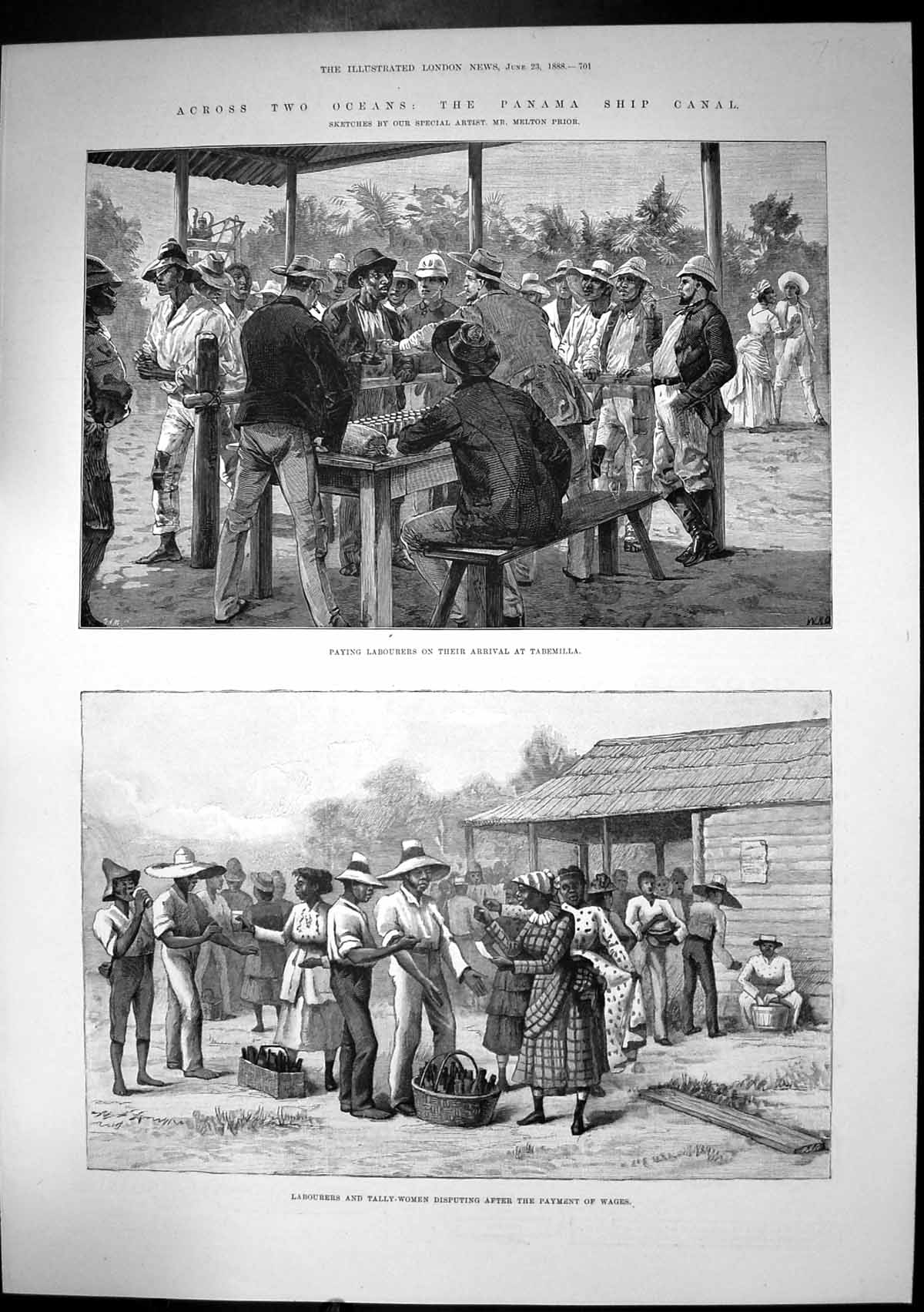 Antique Old Print Panama Ship Canal Paying Labourers Tabemilla Disputing 1888