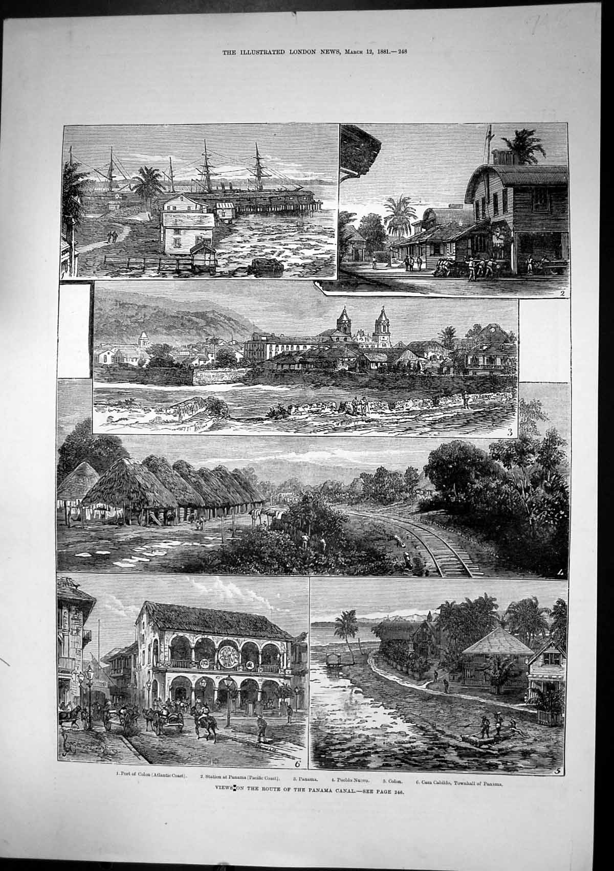 Antique Print Panama Canal Route Port Colon Pueblo Nuevo Casa Cabildo 1881 19th