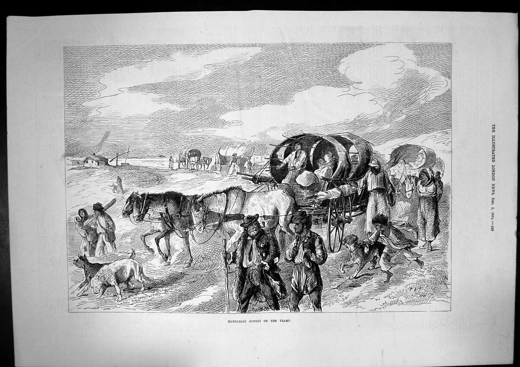 Original Old Antique Print Hungarian Gipsies On Tramp Horses Waggons Dogs 1874