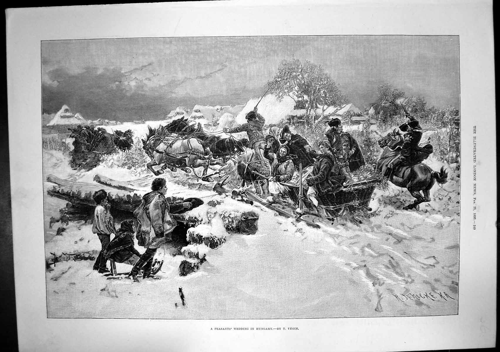 Original Old Antique Print Peasants Wedding Hungary Snow Sledge 1893 Victorian