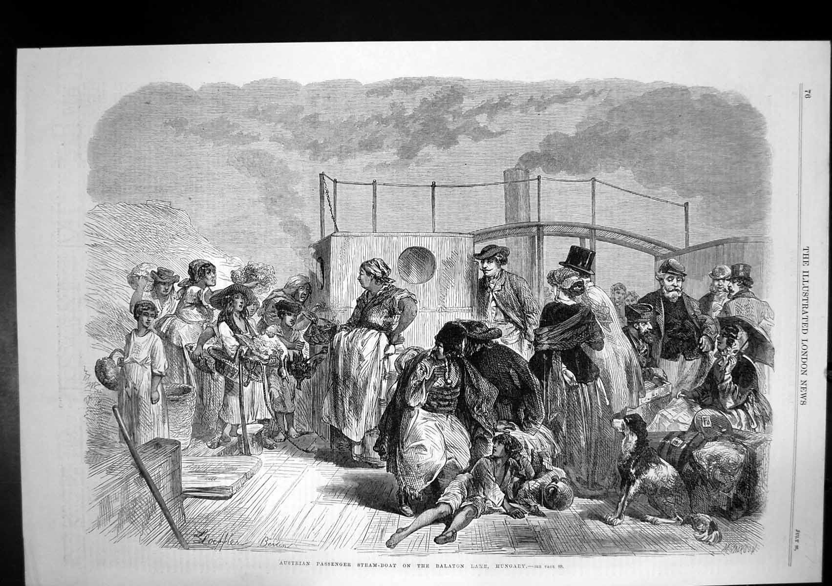 Old Antique Print Austrian Passenger Steamboat Balaton Lake Hungary 1868 19th