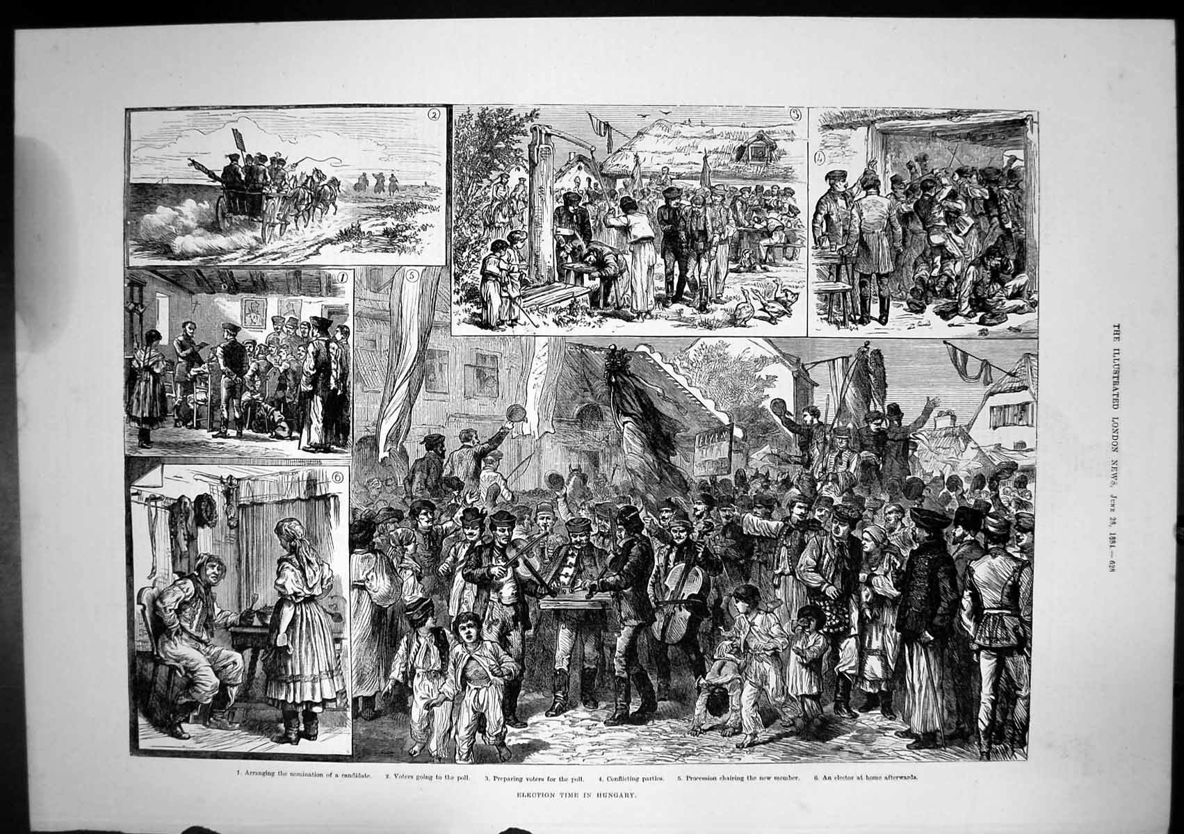 Original Old Antique Print Election Time Hungary Voters Poll New Member 1884