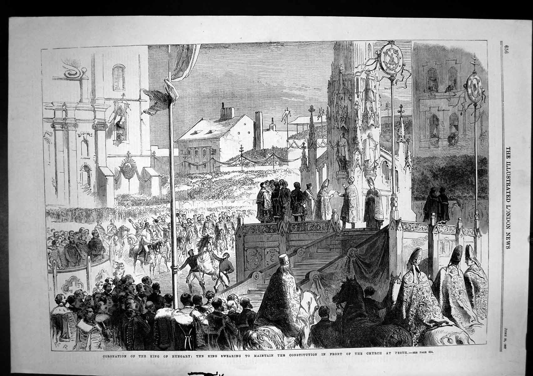 Antique Old Print Coronation King Hungary Swearing Constitution Pesth 1867 19th