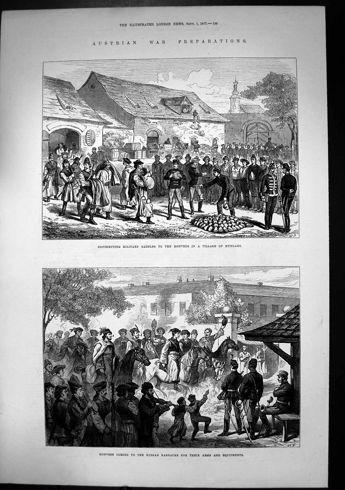 Original Old Antique Print Austrian War Preparations Honveds Saddles Arms 1877