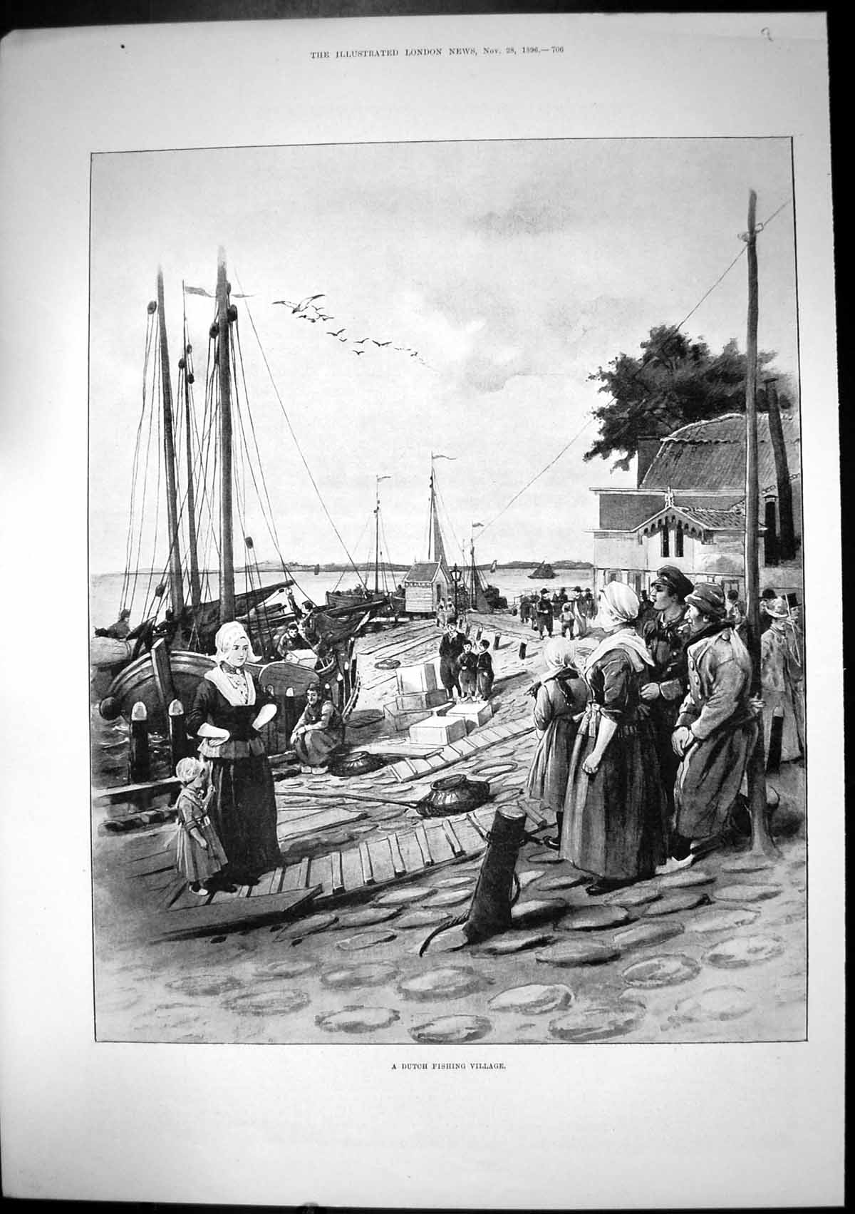 Original Old Antique Print Dutch Fishing Village Boats Harbour Villagers 1896