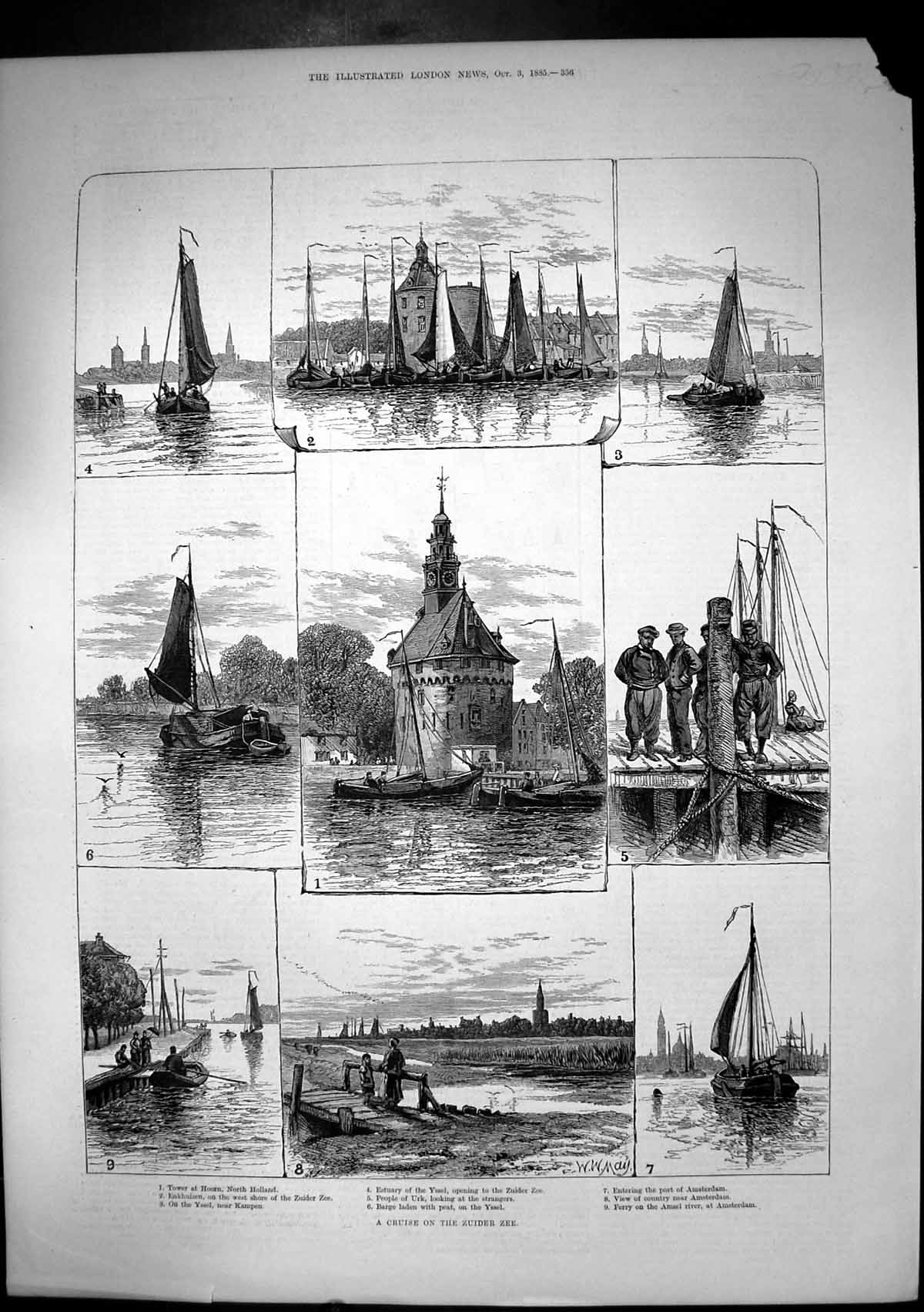 Antique Old Print Cruise Zuider Zee Amsterdam Tower Hoorn Yssel Kampen 1885