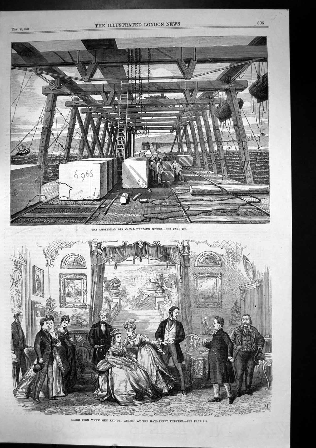 Old Antique Print New Men Acres Haymarket Theatre Amsterdam Sea Canal1869 19th