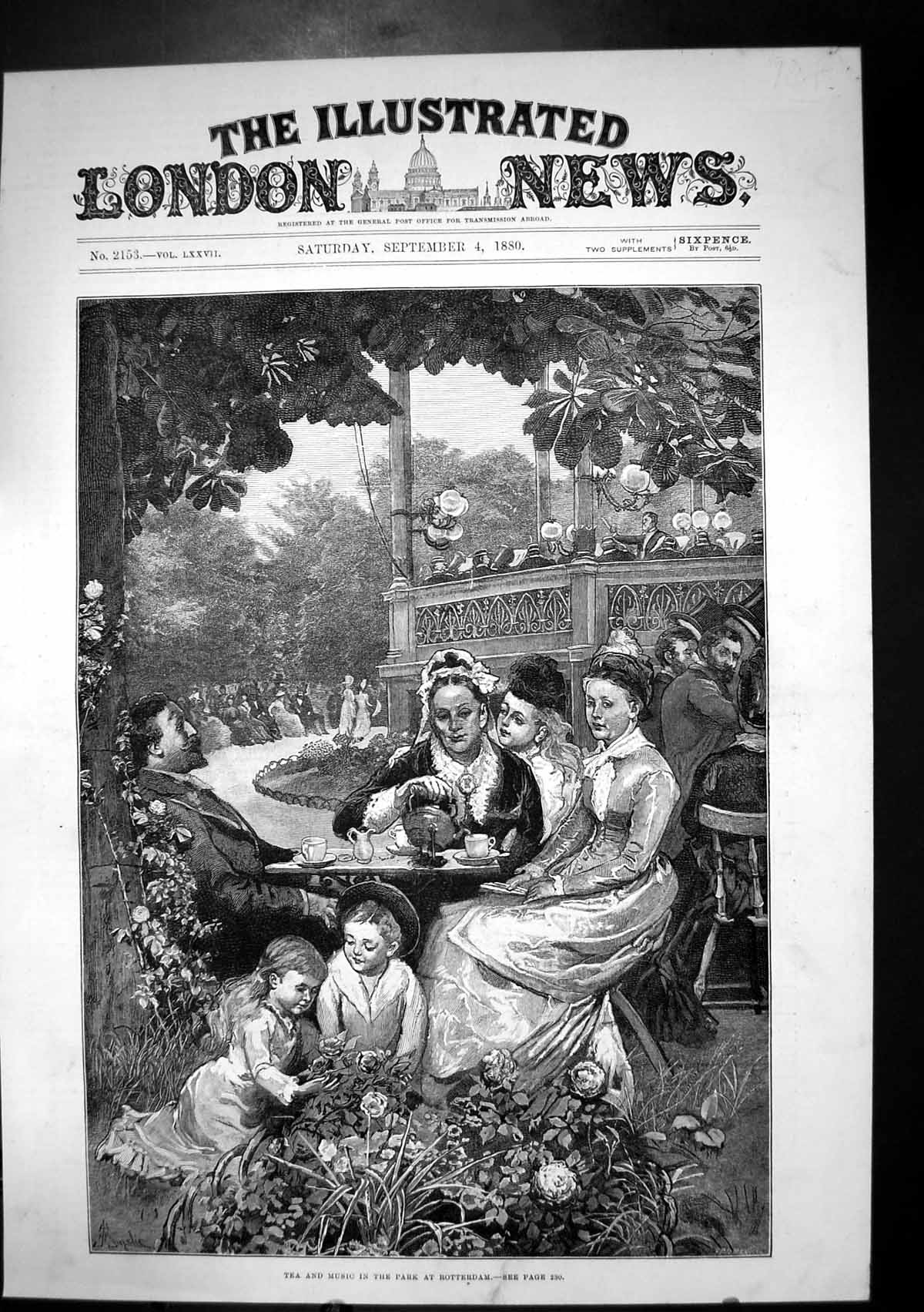 Original Old Antique Print Tea Music Park Rotterdam Children Roses Family 1880