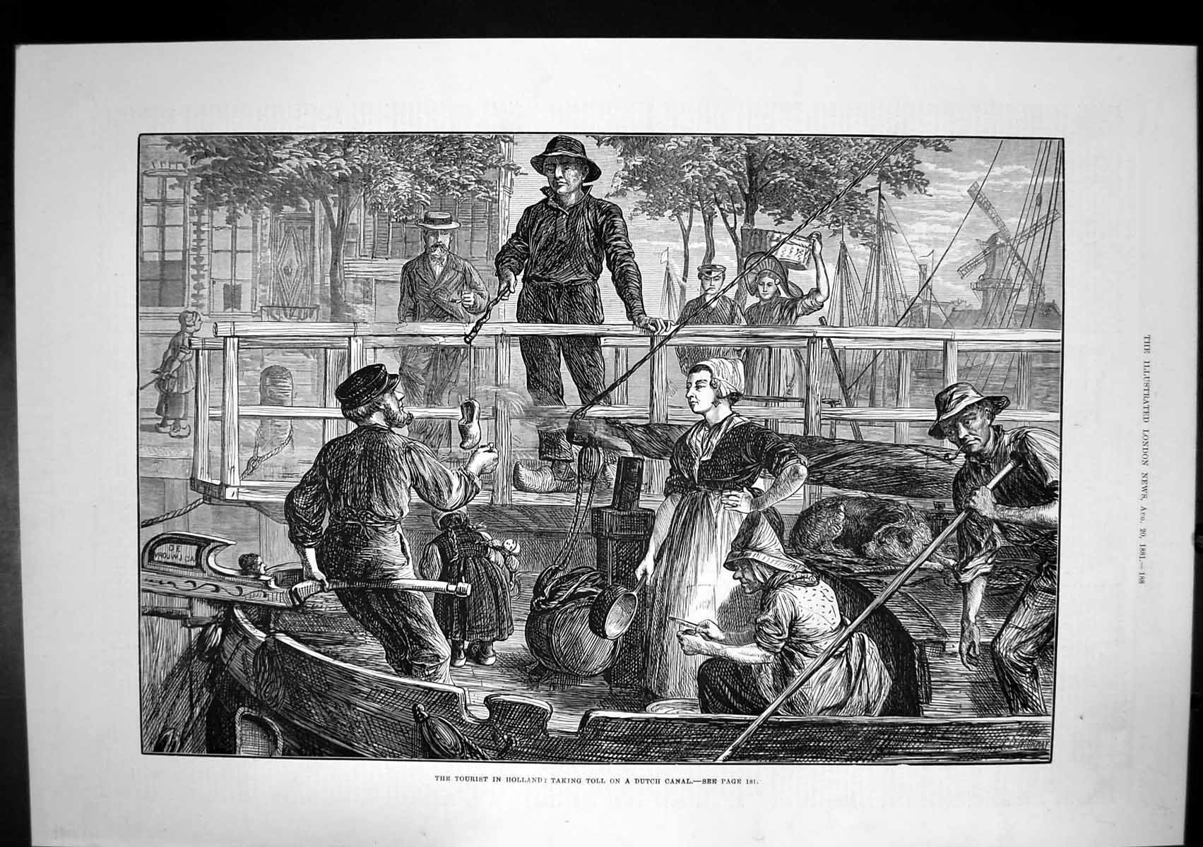 Old Antique Print Tourist Holland Taking Toll Dutch Canal Windmill 1881 19th