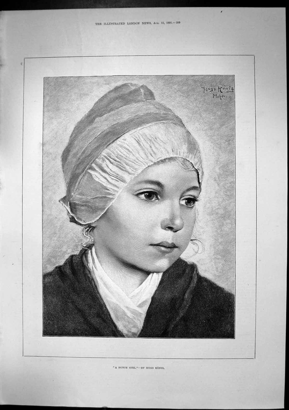 Old Antique Print Dutch Girl Hugo Konig Wearing Traditional Headress 1891 19th