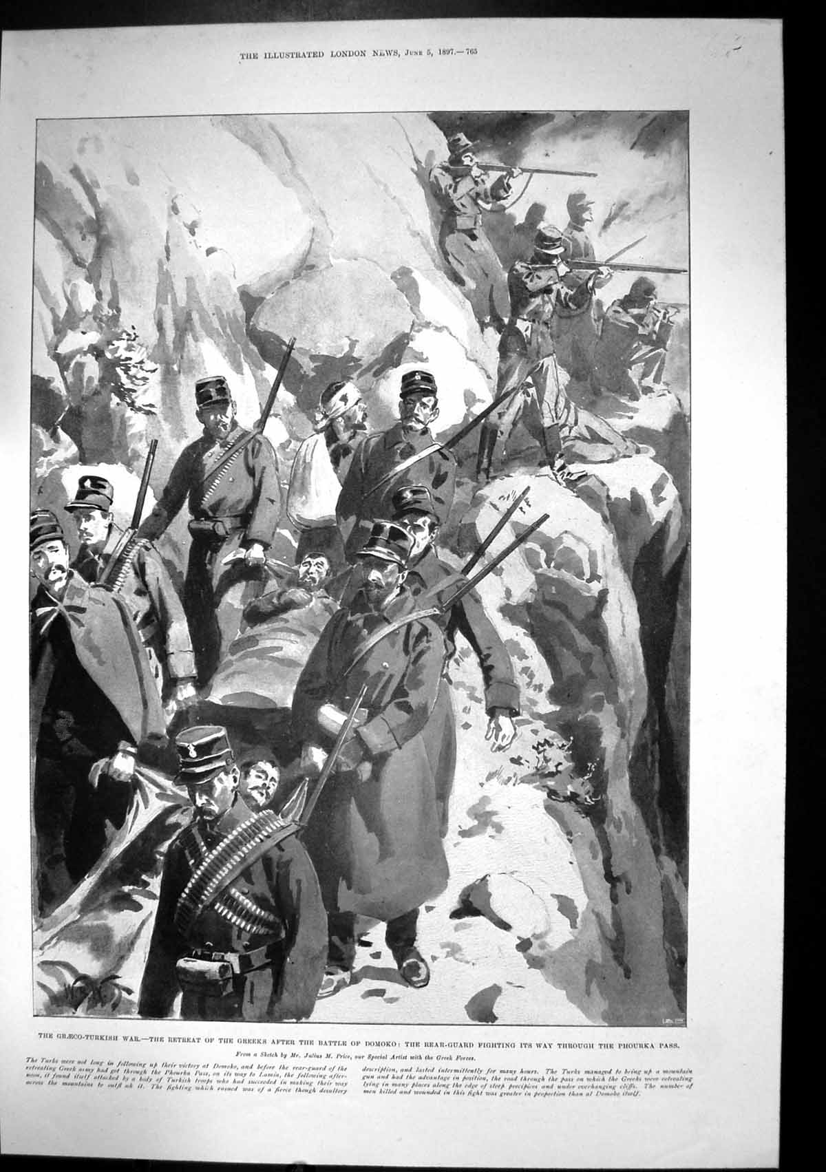 Antique Old Print Graeco Turkish War Retreat Greeks Battle Domoko Phourka1897