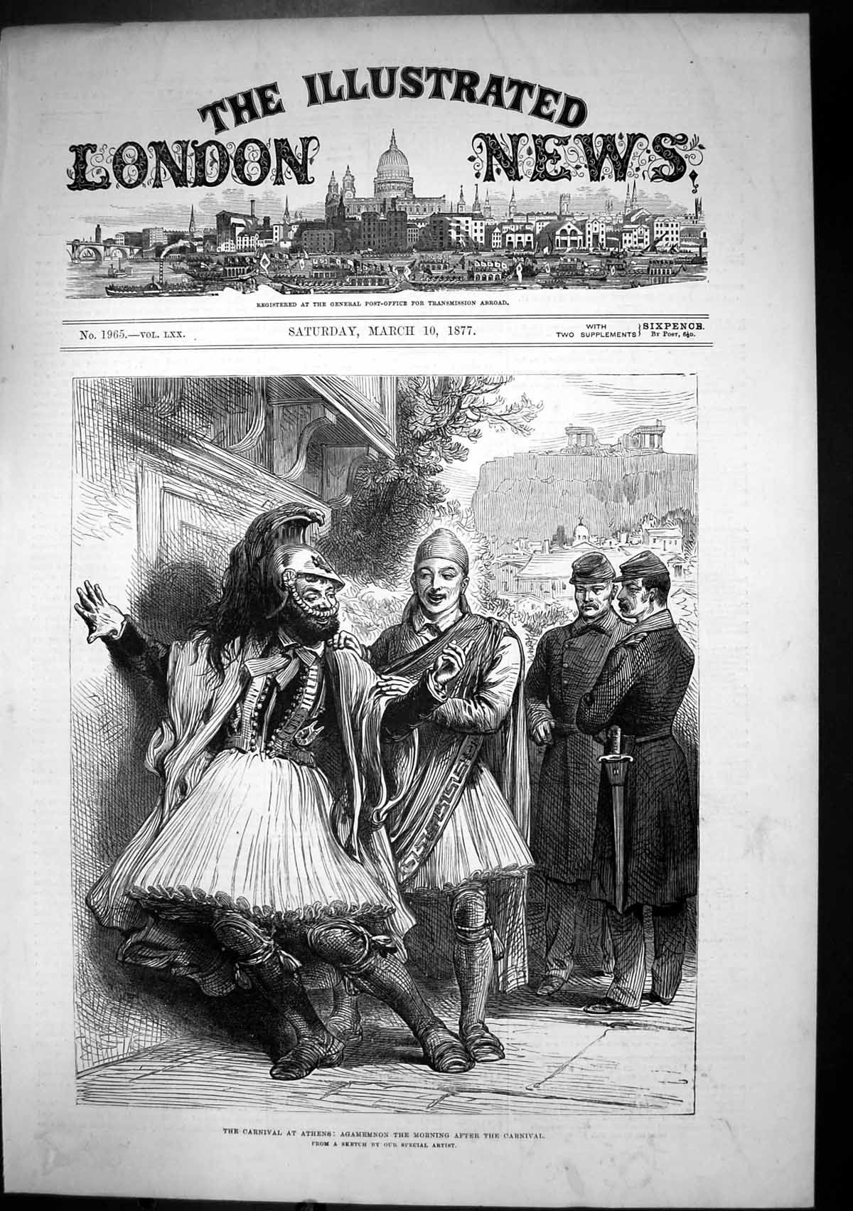 Old Antique Print Carnival Athens Agamemnon Morning After Carnival 1877 19th