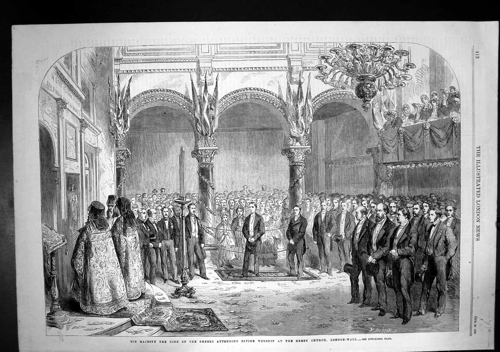 Antique Print King Greeks Attending Divine Worship Church London Wall 1863 19th