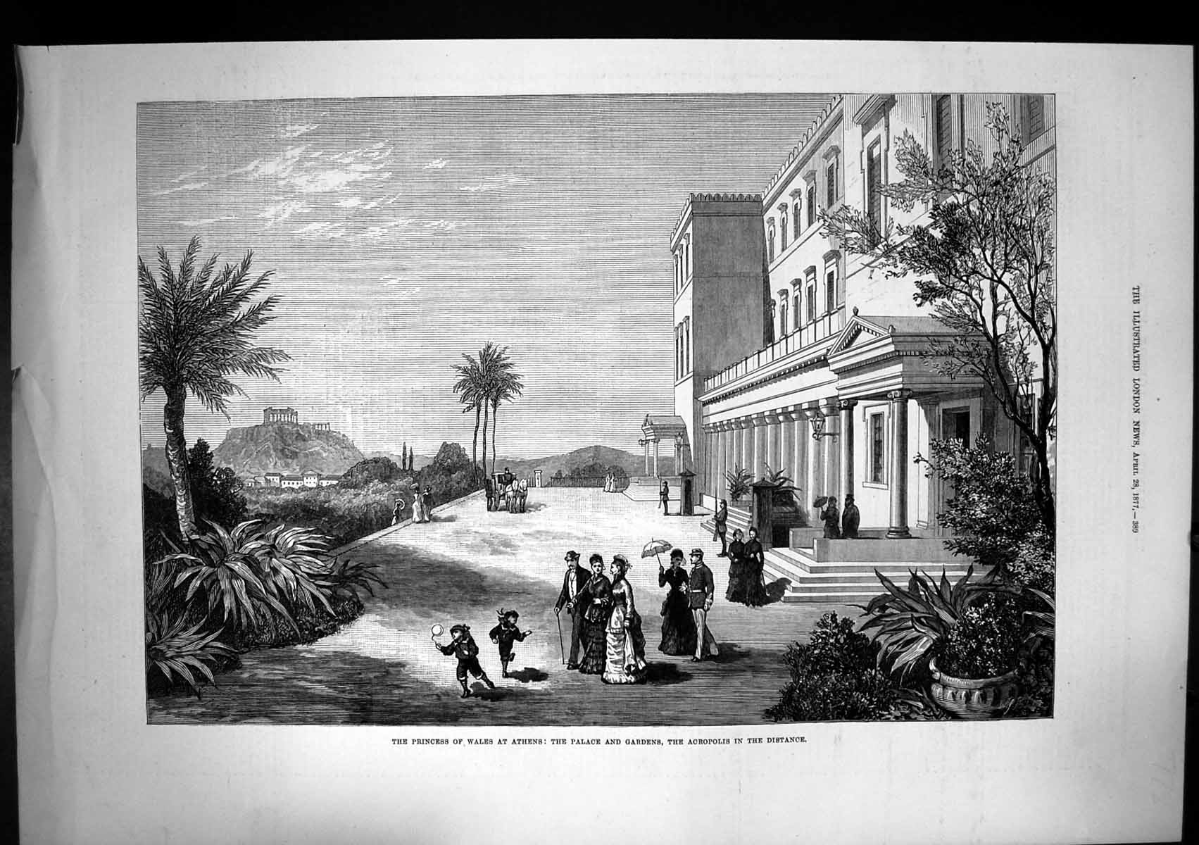 Original Old Antique Print Princess Wales Athens Palace Gardens Acropolis 1877