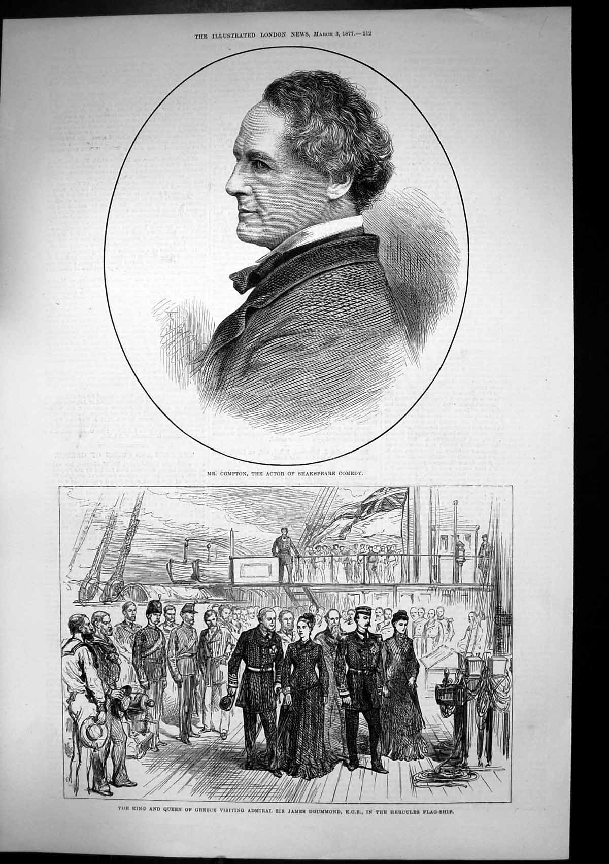 Antique Old Print King Queen Greece Admiral James Drummond Hercules Ship 1877