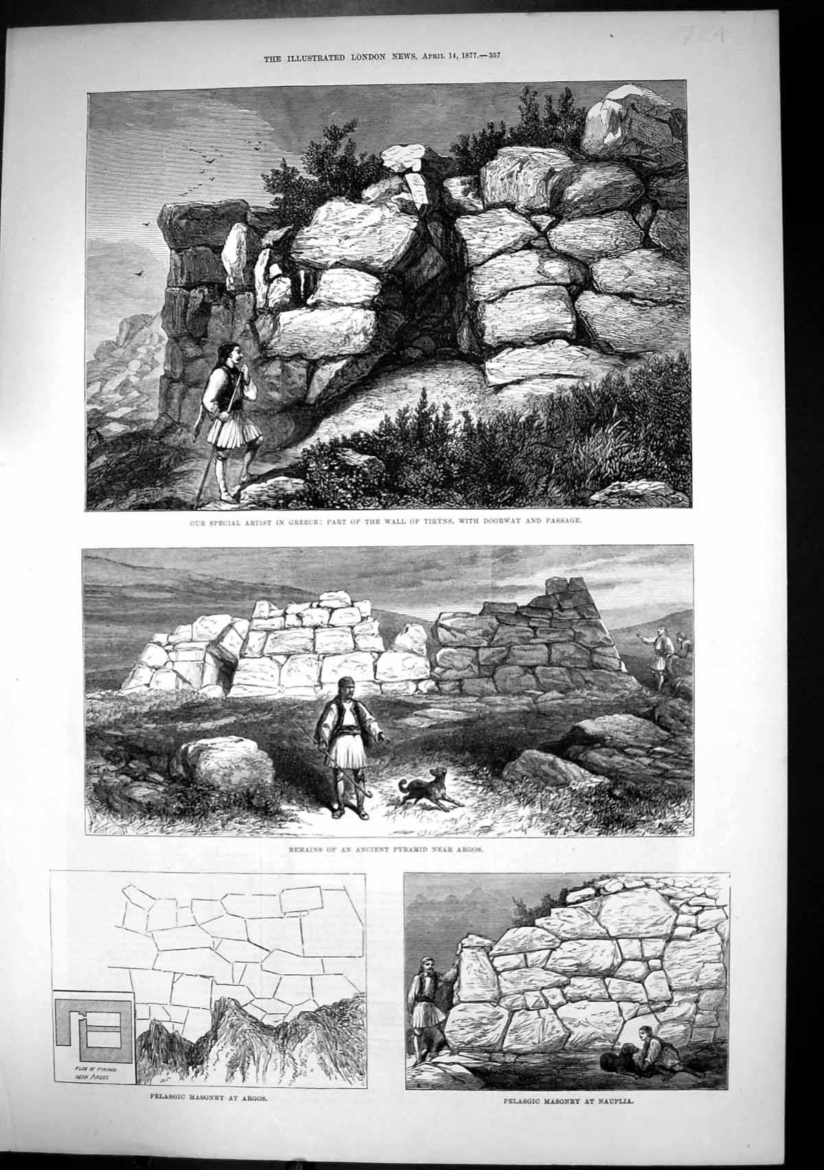 Old Print Remains Pyramid Argos Wall Tiryns Pelasgic Masonry Nauplia1877 19th