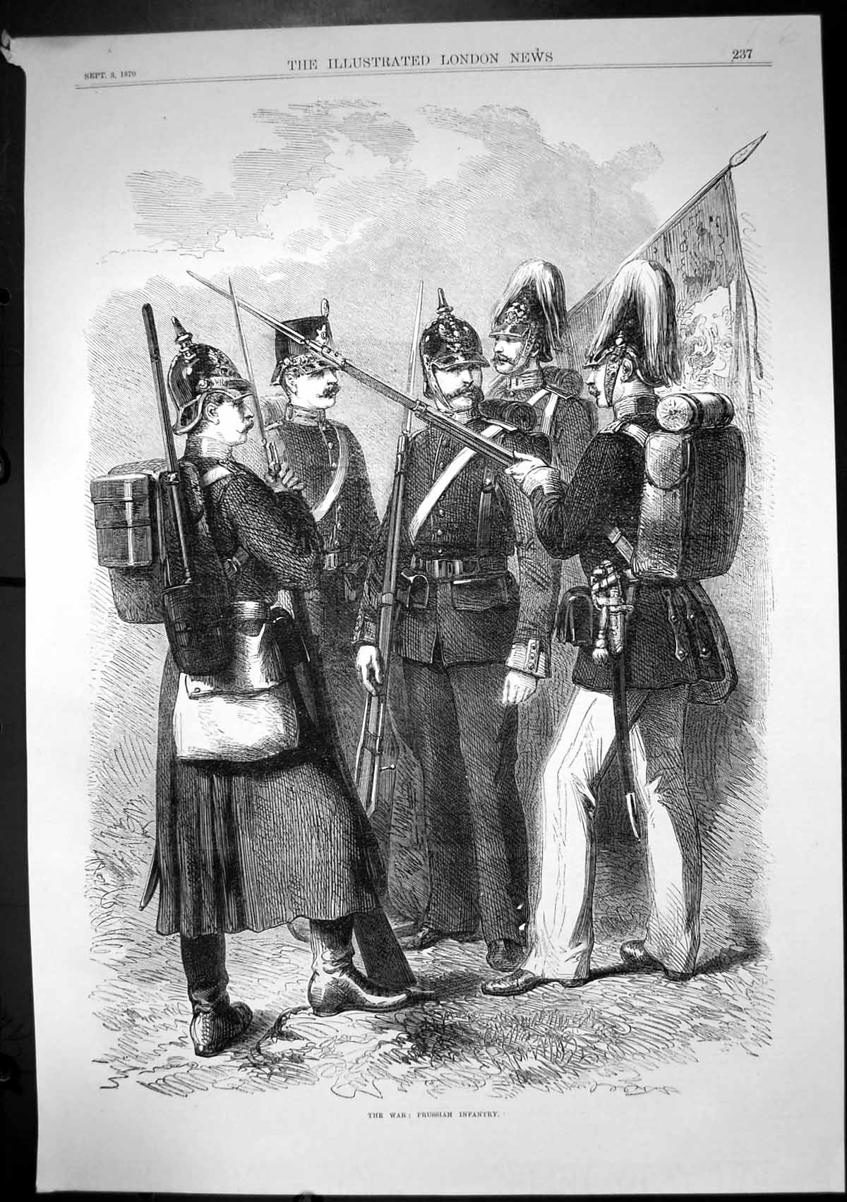 Original Old Antique Print The War Prussian Infantry Rifles Helmets 1870 19th