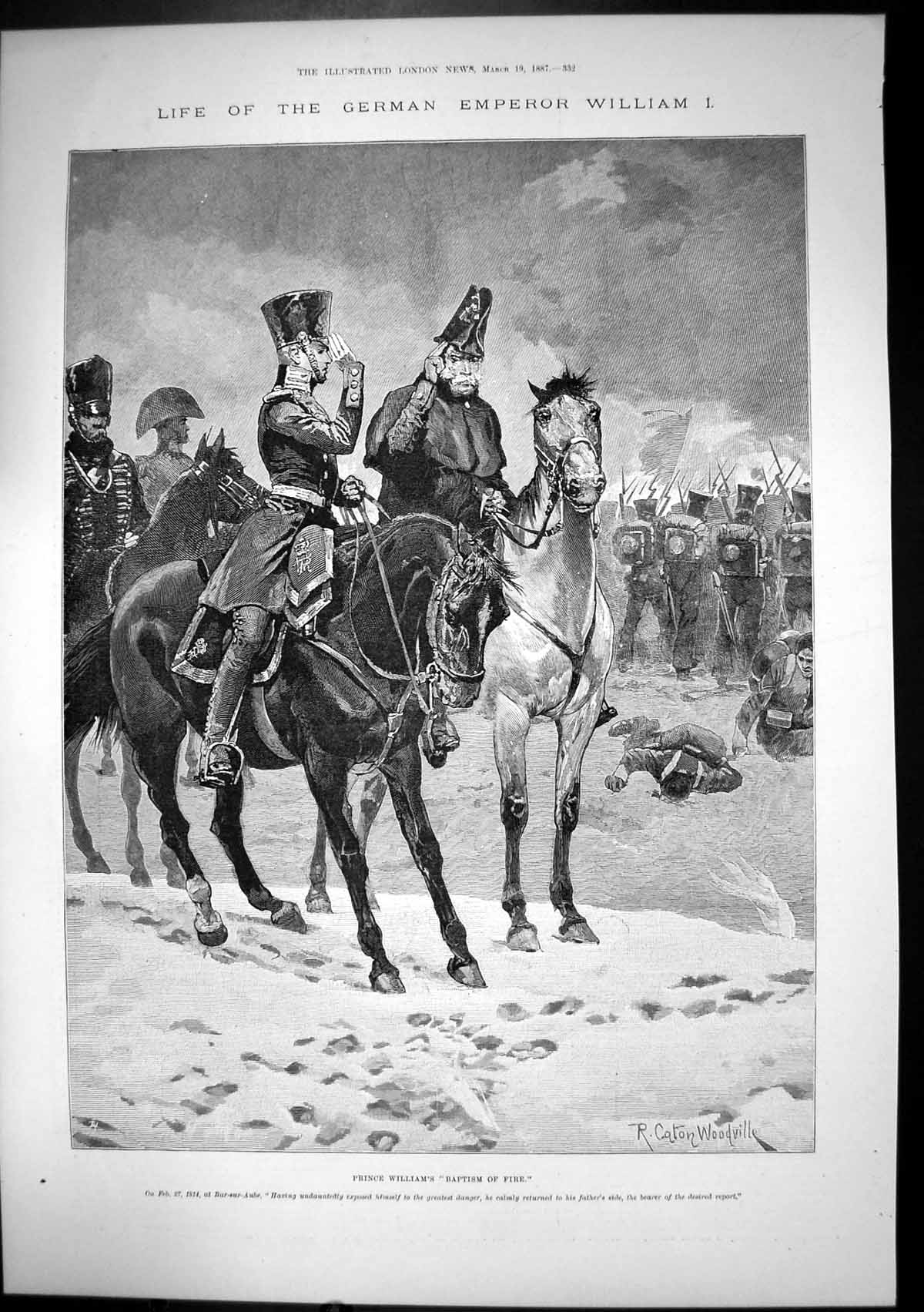 Original Old Antique Print German Emperor WilliamBaptism Fire 1887