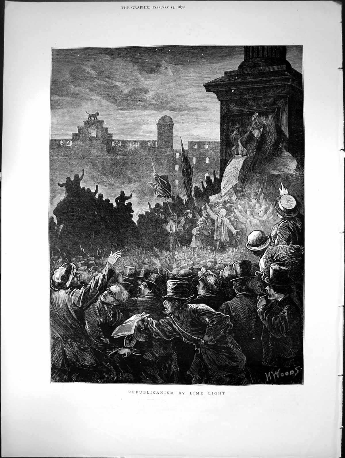 Antique Old Print Republicanism By Lime Light Crowds Monument H Woods 1872 19th