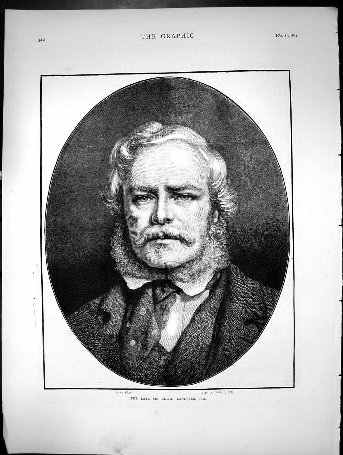 Original Old Antique Print The Late Sir Edwin Landseer Portrait 1802-1873 1873