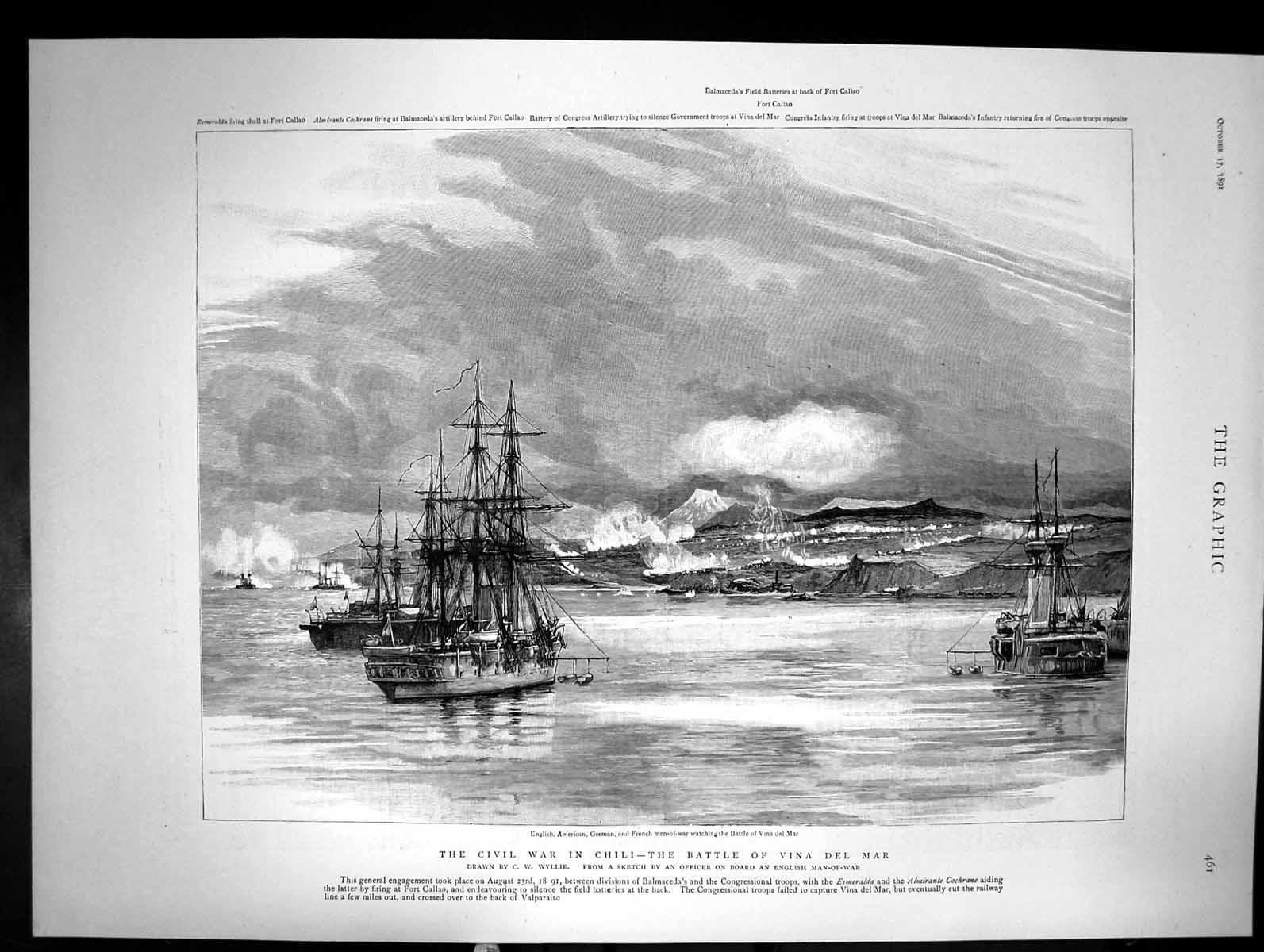 Old Print The Civil War In Chili The Battle The Vina Del Mar Ship Bay 18 19th