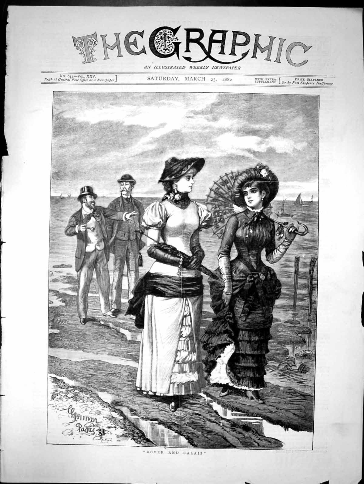 Old Antique Print Dover And Calais Sketch 1882 Women Men Umbrella Dress 19th