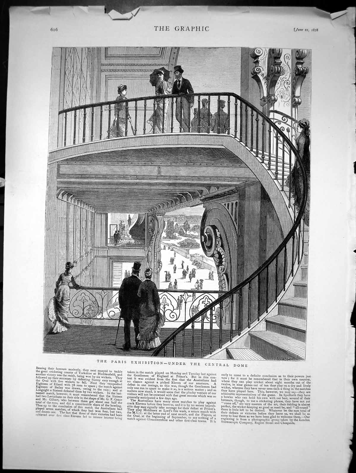 Antique Old Print The Paris Exhibition Under The Central Dome Stairway 1878