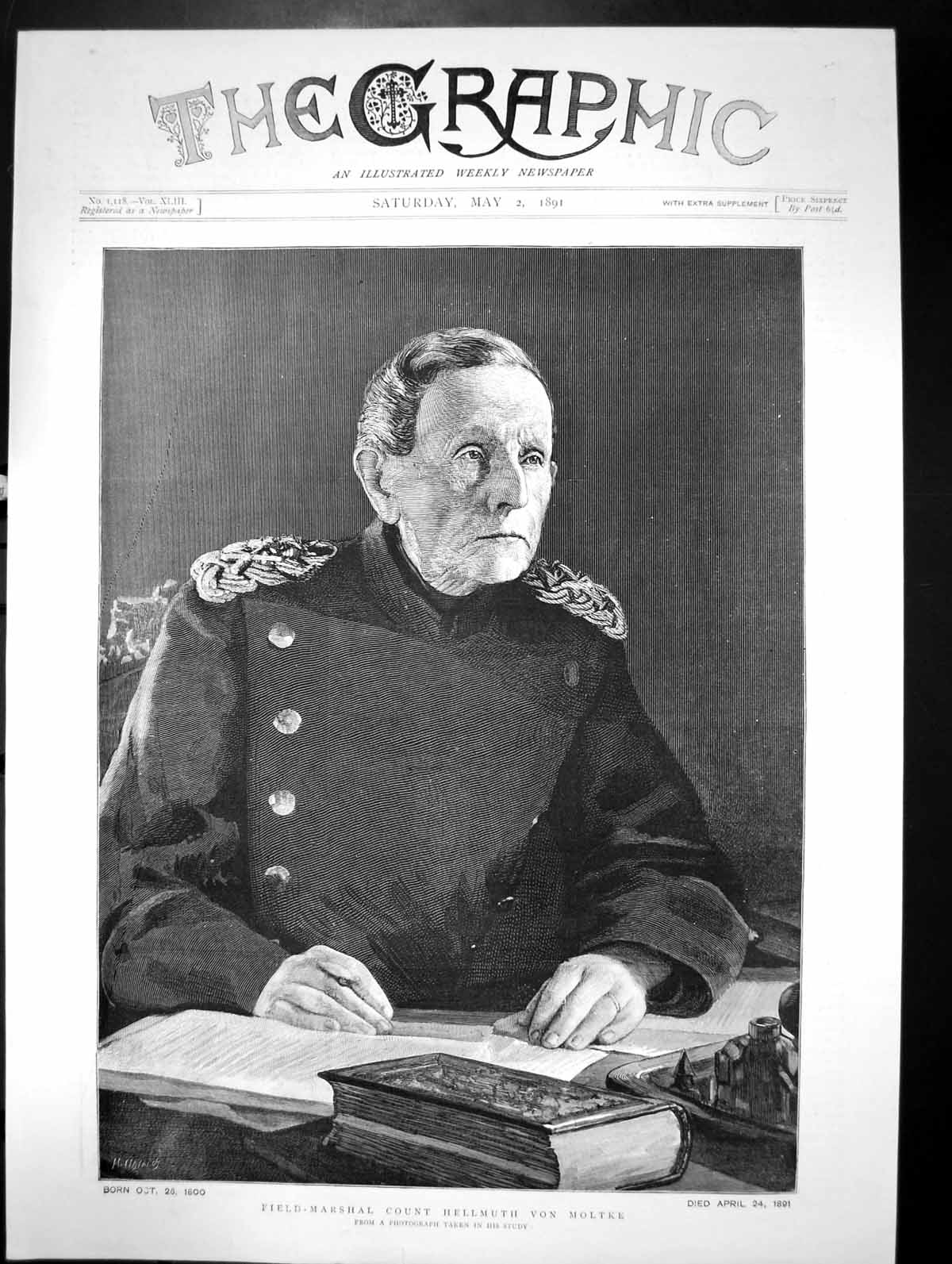 Old Print Field Marshall Count Hellmuth Von Moltke Portrait In Study 1891 19th
