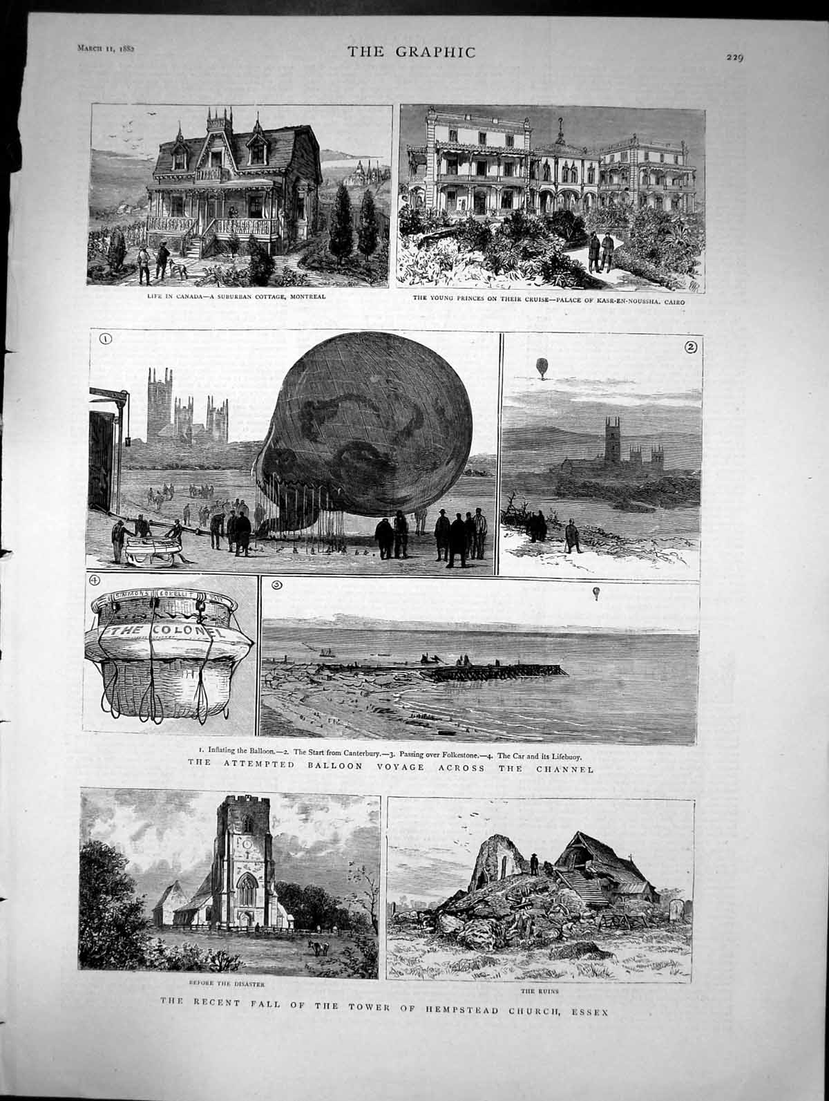 Antique Old Print Recent Fall The Tower Hempstead Church Essex Balloon 1882