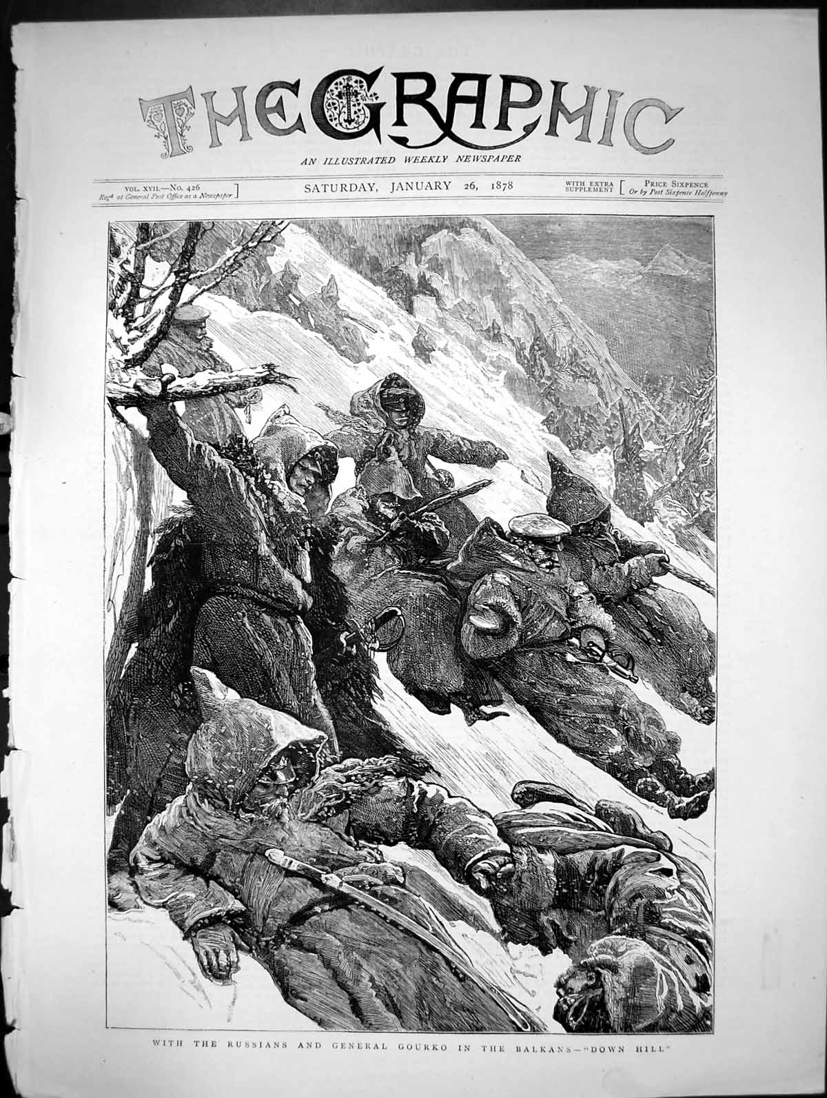 Old Print With Russians And General Gourko In The Balkans Down Hill 1878 19th