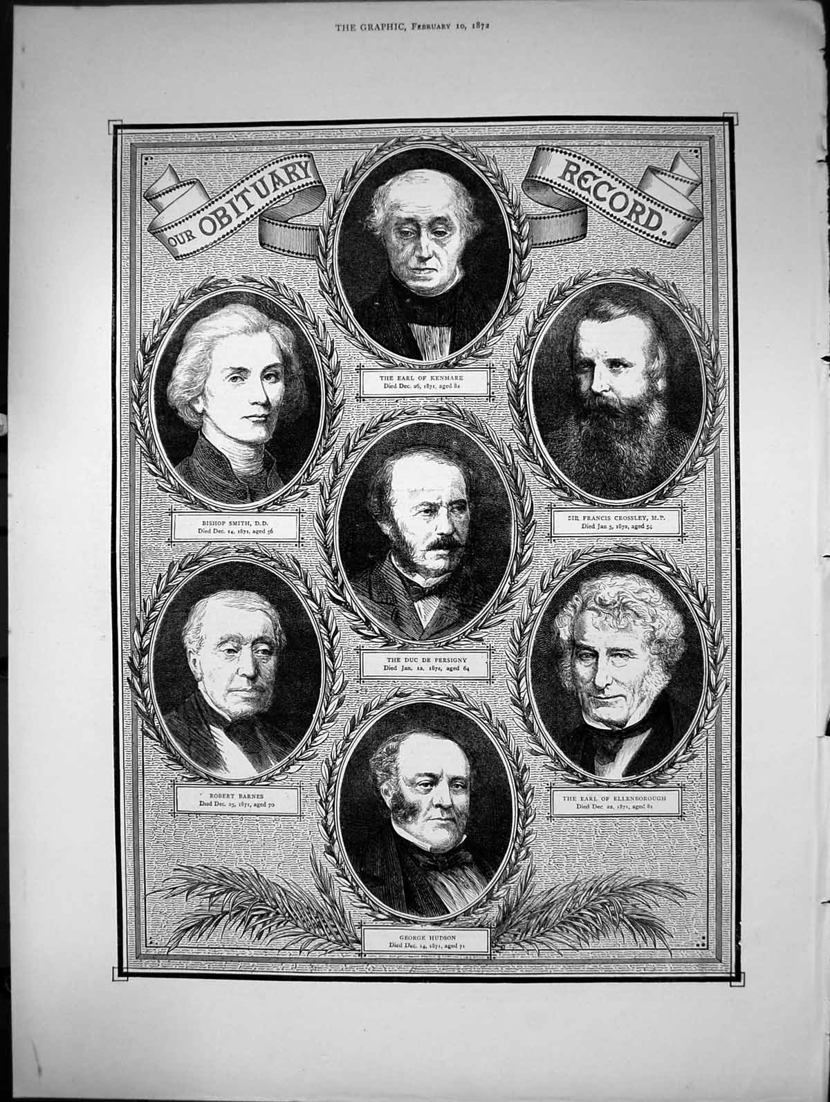 Old Print Obituary Record Earl Kenmare Bishop Smith Francis Crossley 1872 19th