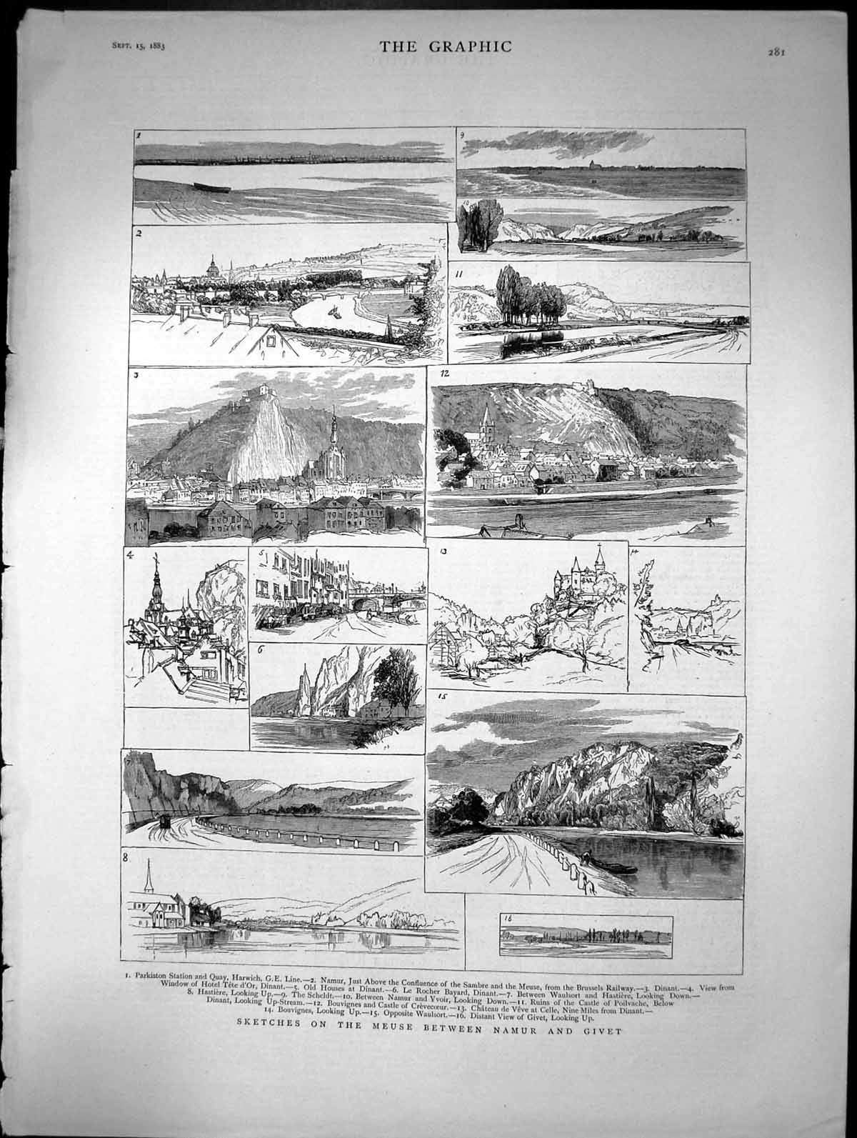 Antique Print Sketches On Meuse Between Namur And Givet Harwich Namur 1883 19th