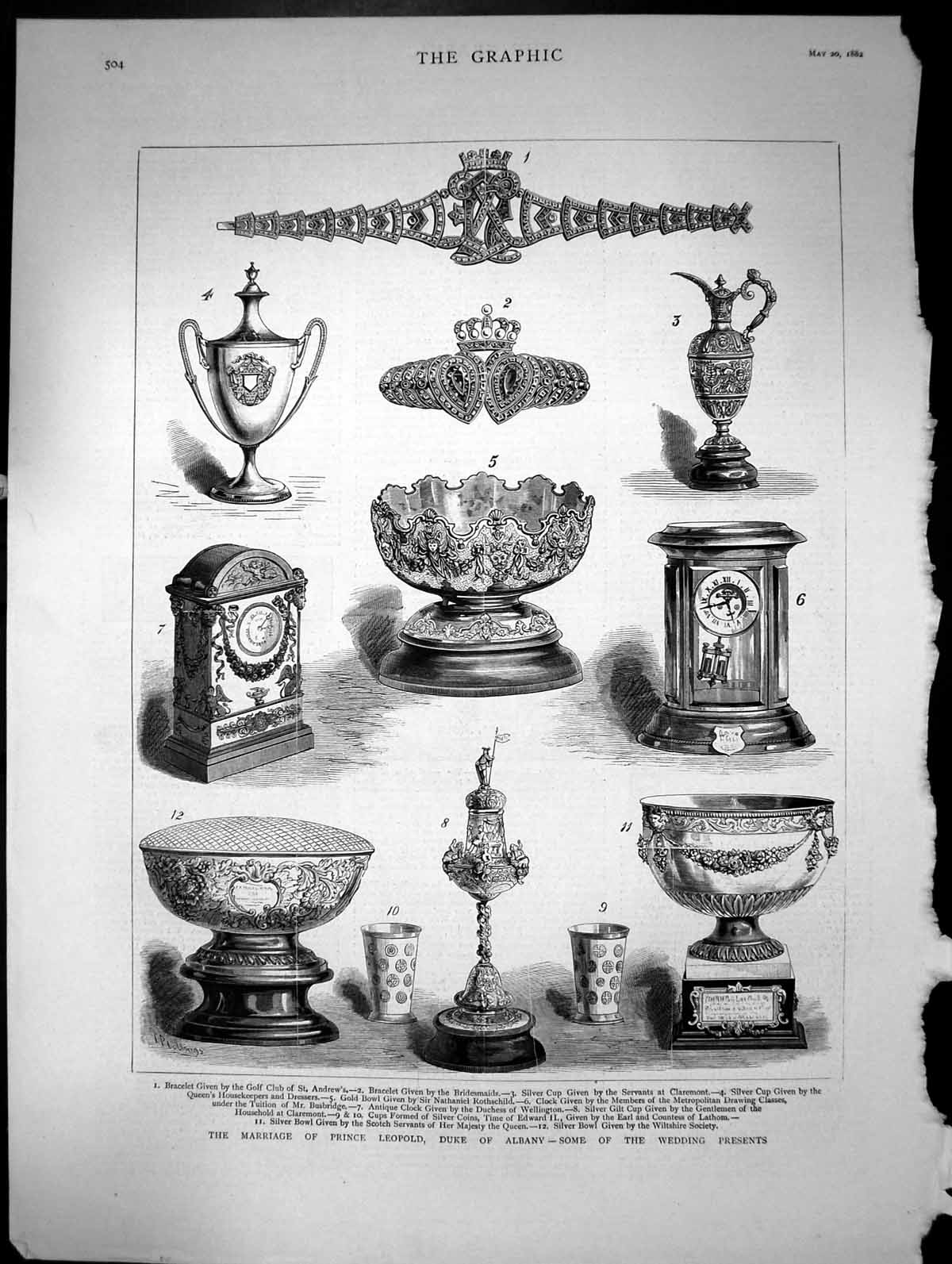 Old Antique Print Marriage Prince LeopDuke Albany Wedding Presents 1882 19th
