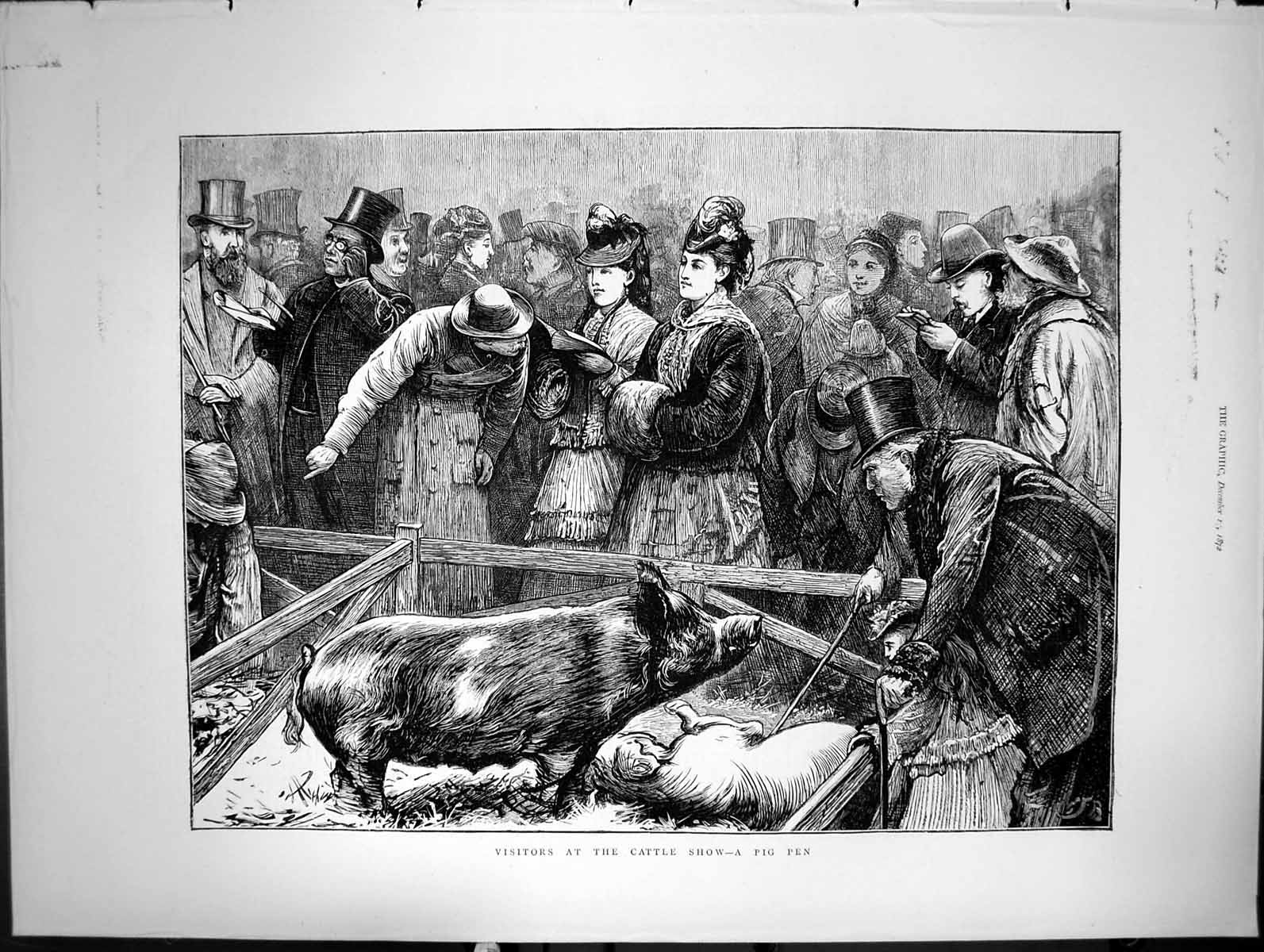 Antique Print Visitors At The Cattle Show A Pig Pen Men Women Children 1872