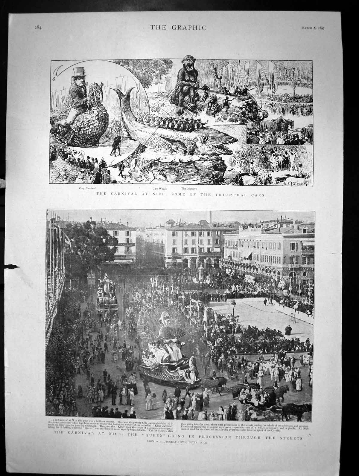 Old Print Carnival At Nice Queen Going In Procession Through Streets 1897 19th