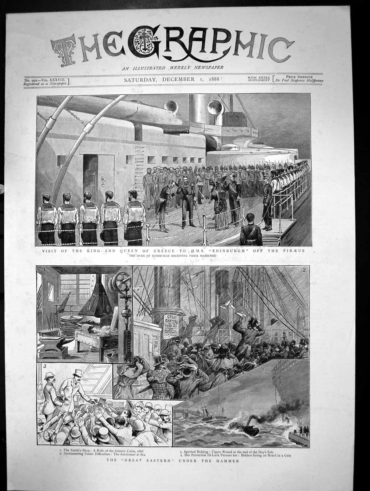 Antique Old Print Visit King Queen Greece Hms Edinburgh Off The Piraeus 1888