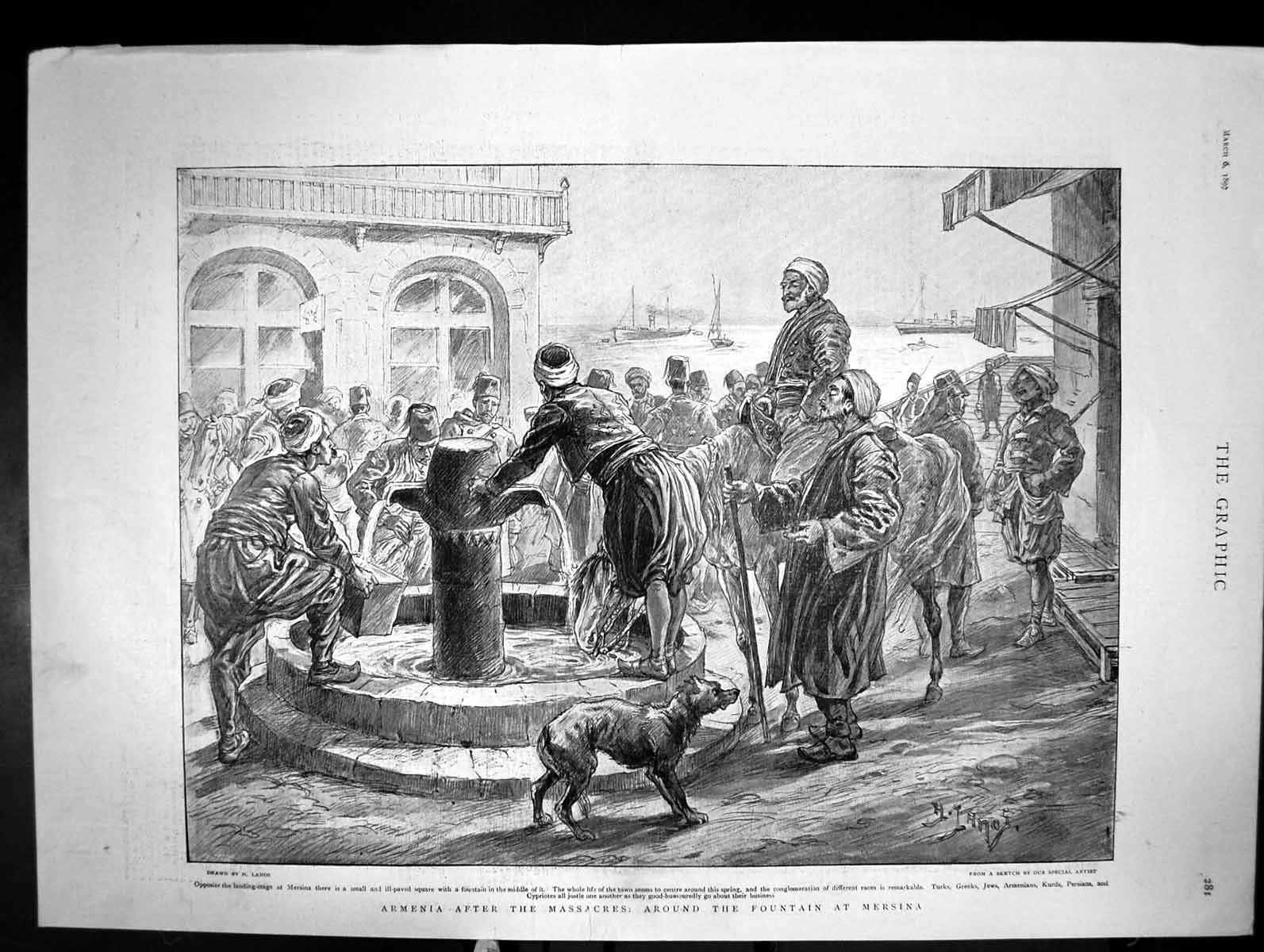 Antique Old Print Armenia After The Massacres Around Fountain In Mersina 1897