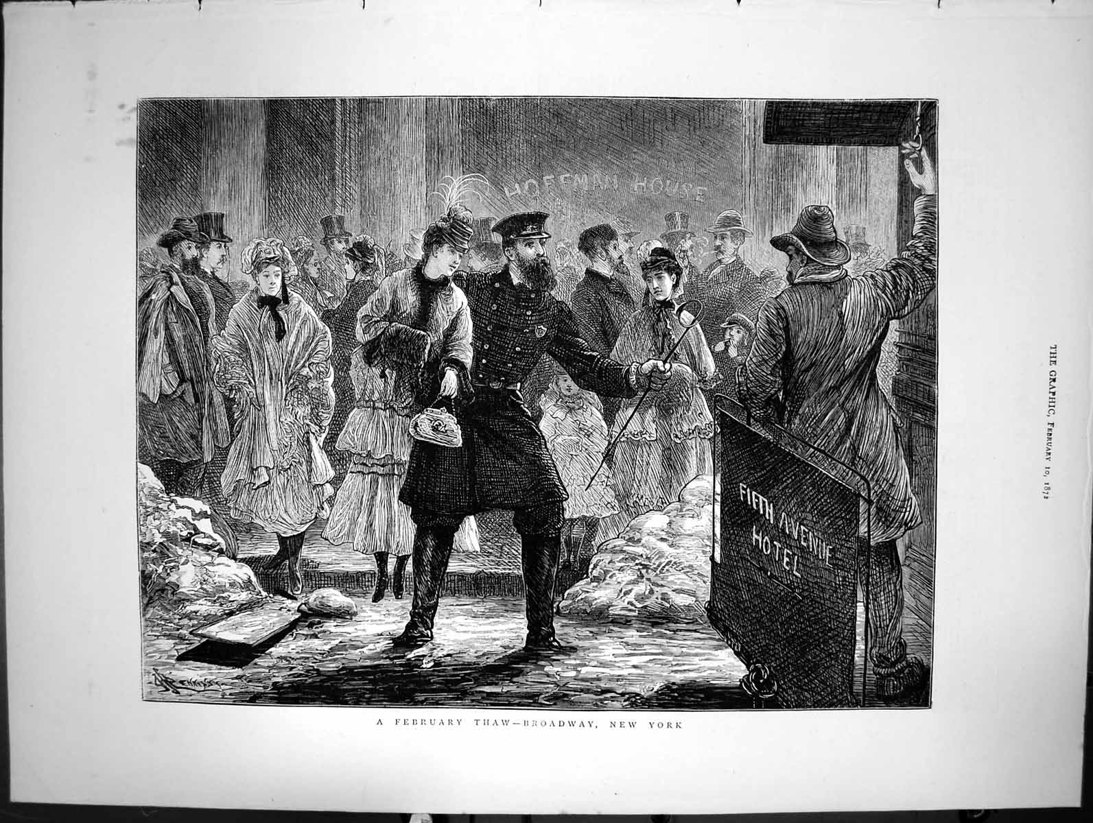 Antique Old Print A February Thaw Broadway New York Fifth Avenue Hotel 1872
