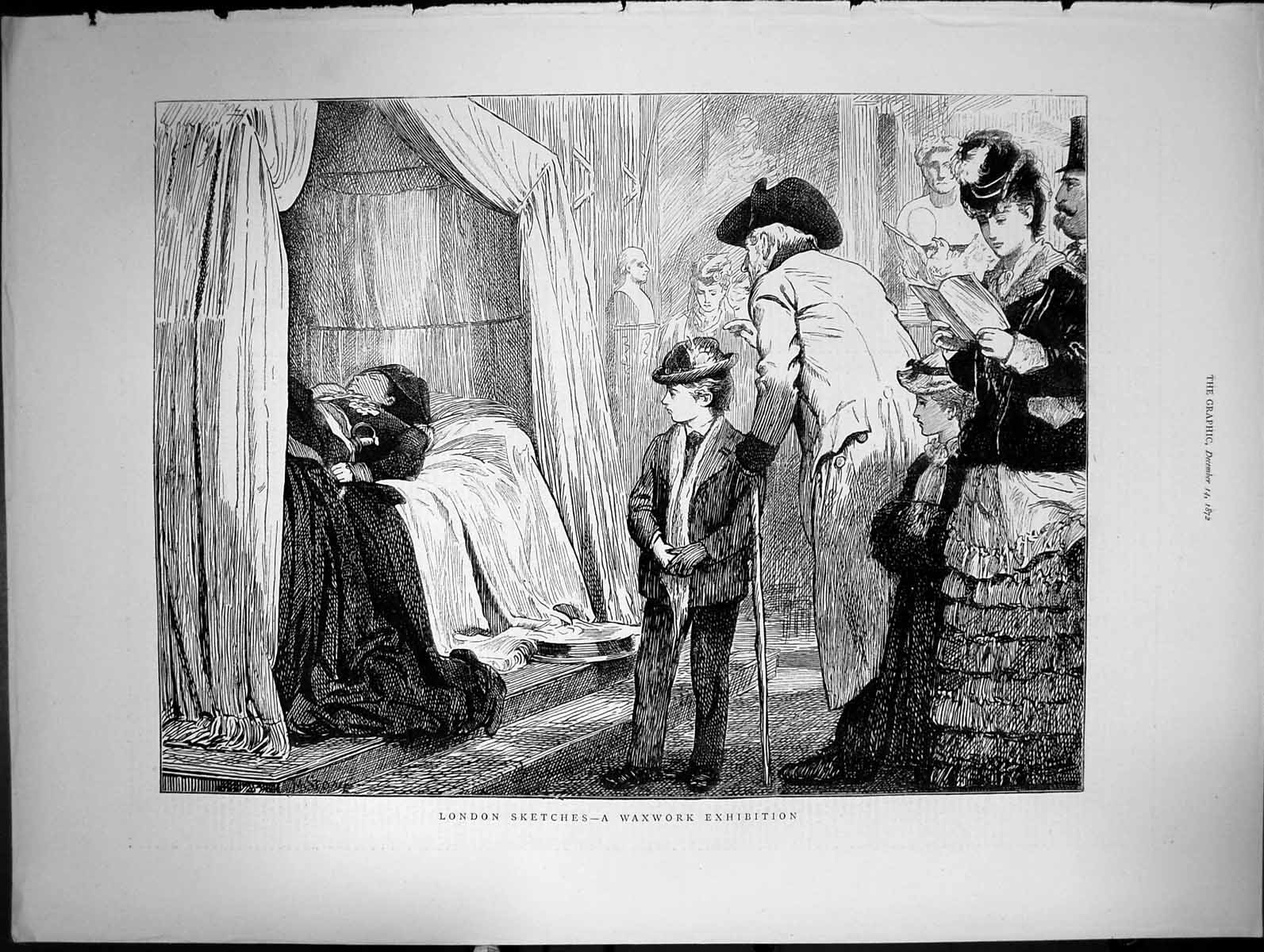 Antique Old Print London Sketches A Waxwork Exhibition Bed Sier Child 1872 19th