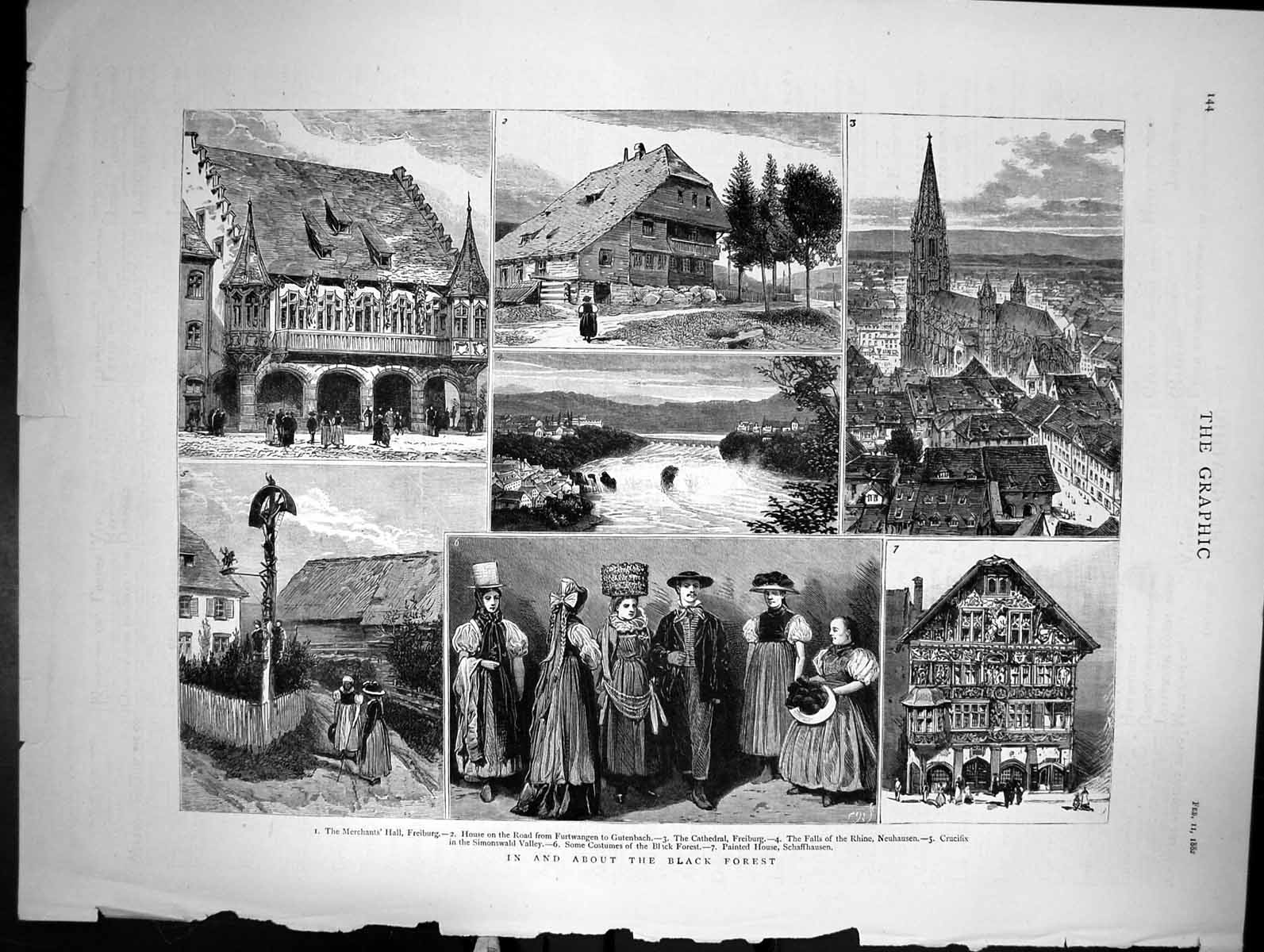 Antique Old Print In And About The Black Forest Freiburg Falls The Rhine 1882