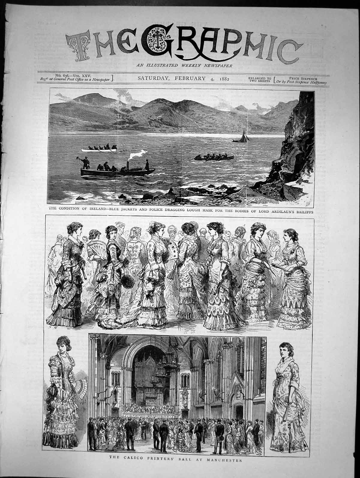 Antique Print Calico Ers Ball Manchester Condition Ireland Lough Mask 1882 19th