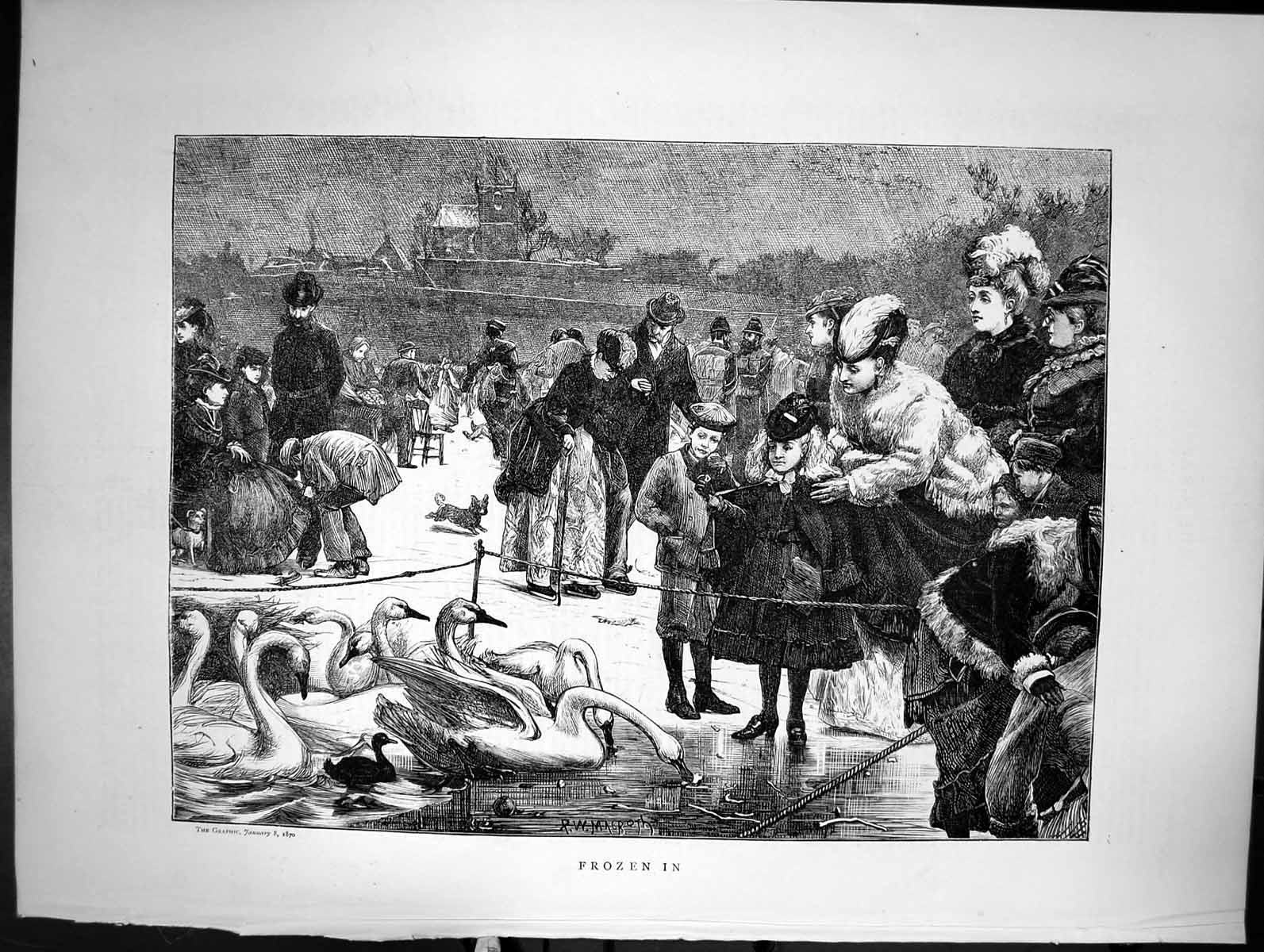 Antique Print Frozen In Ice Swan Lakes Rw Macbeth Sketch Feeding Birds 1870