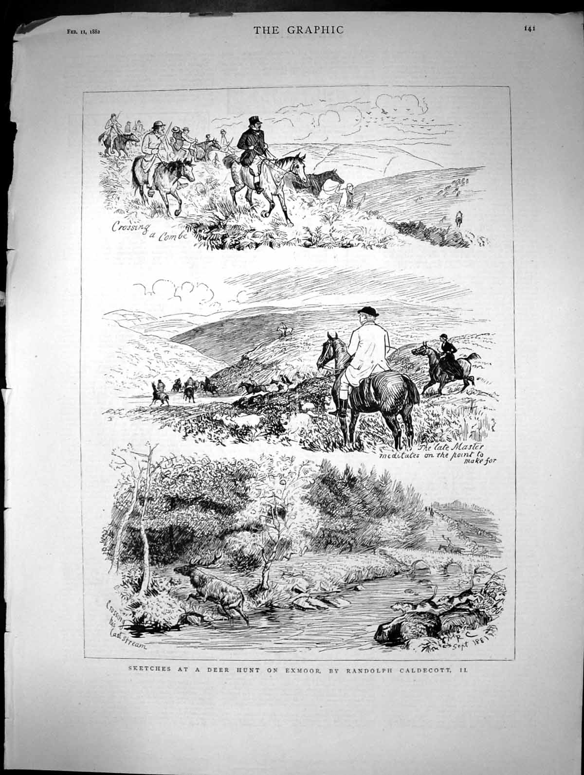 Antique Print Sketches At A Deer Hunt On Exmoor By Randolph Caldecott 1882 19th
