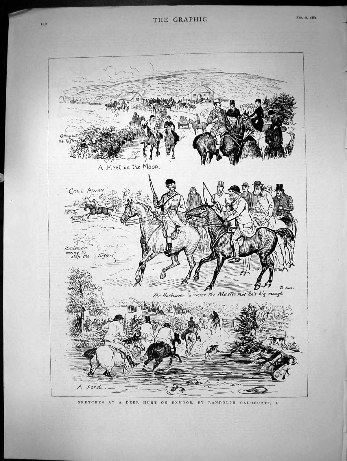 Old Print Sketches At A Deer Hunt On Exmoor By Randolph Caldecott 1882 19th