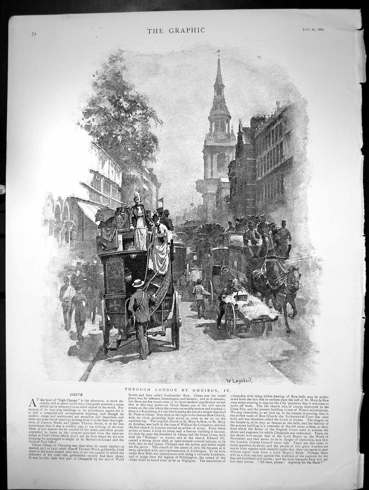 Old Print Through London By Omnibus Iv Cannon Street Queen Victoria 1889 19th